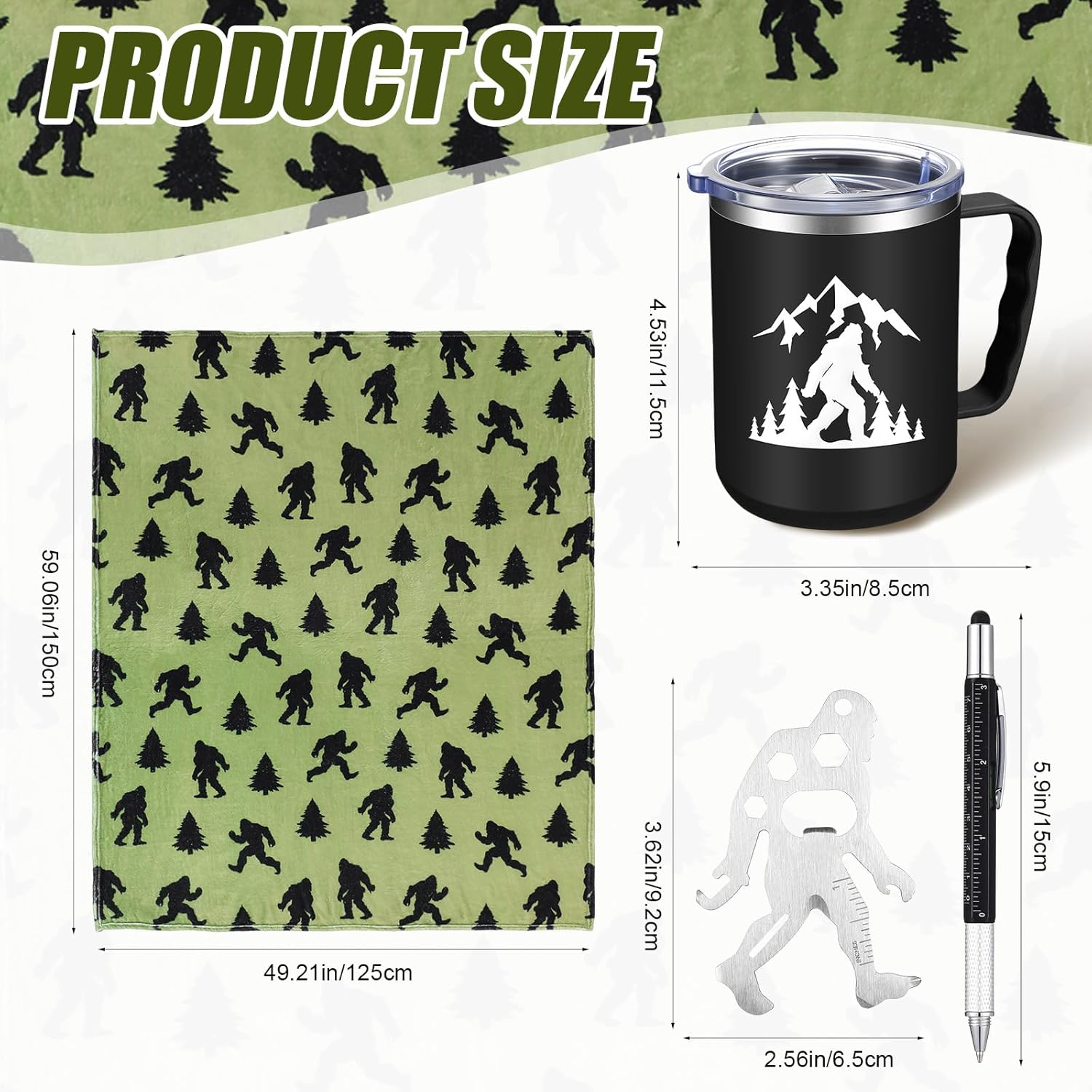 5 Pcs Bigfoot Sasquatch Gifts Sasquatch Lovers Gift with Large Blanket 12 oz Insulated Tumbler Socks Can Opener Keychain and Ballpoint Pen for Men Women Dad Grandpa Gifts