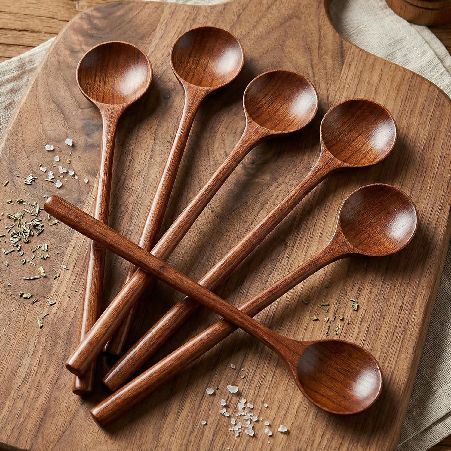 6 Pcs 11 Inch Wood Long Spoons Wooden Long Handle Round Scoops Korean Style Soup Spoons for Soup Cooking Mixing Stirring Kitchen Tools Utensils Brown