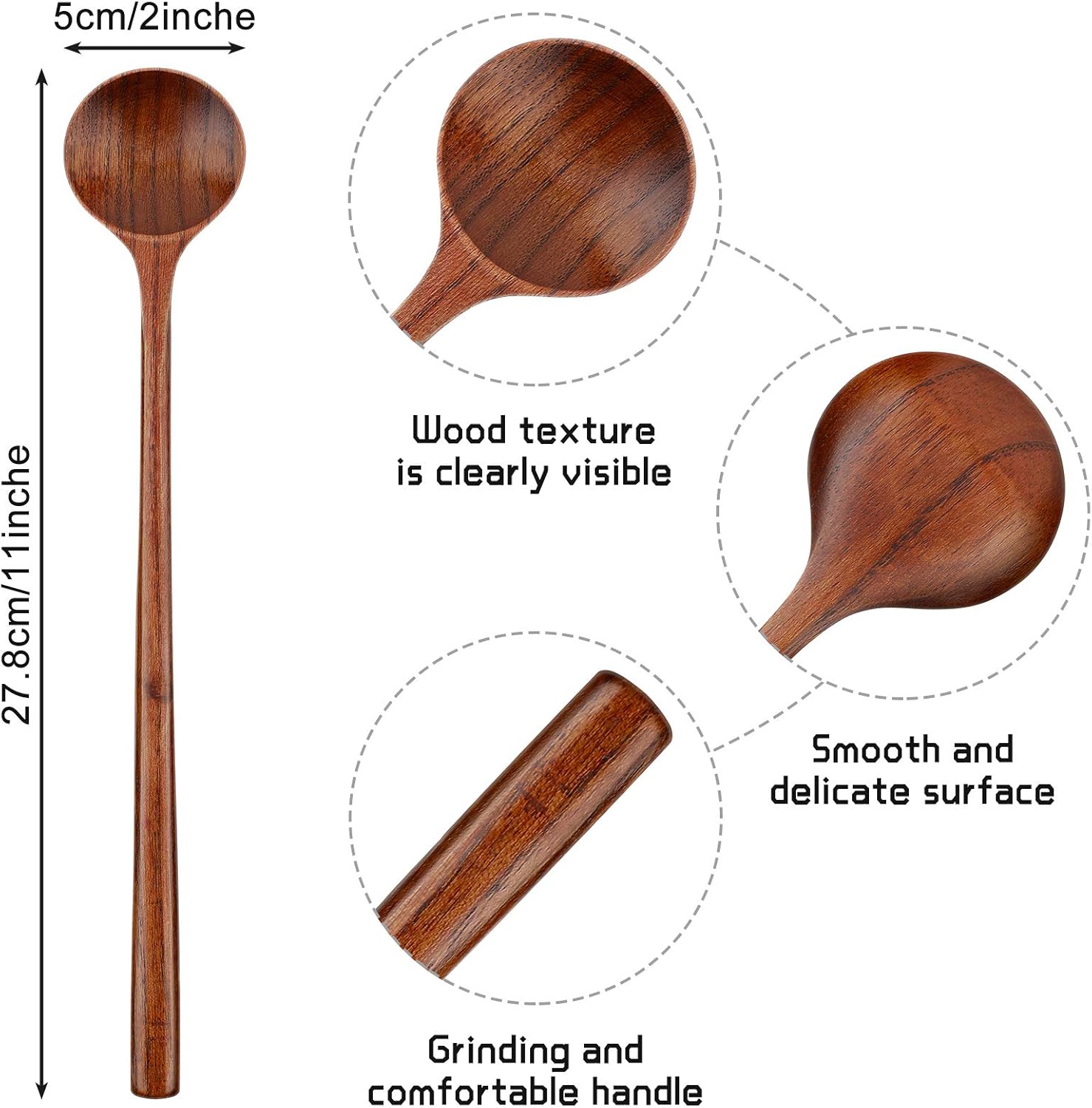 6 Pcs 11 Inch Wood Long Spoons Wooden Long Handle Round Scoops Korean Style Soup Spoons for Soup Cooking Mixing Stirring Kitchen Tools Utensils Brown