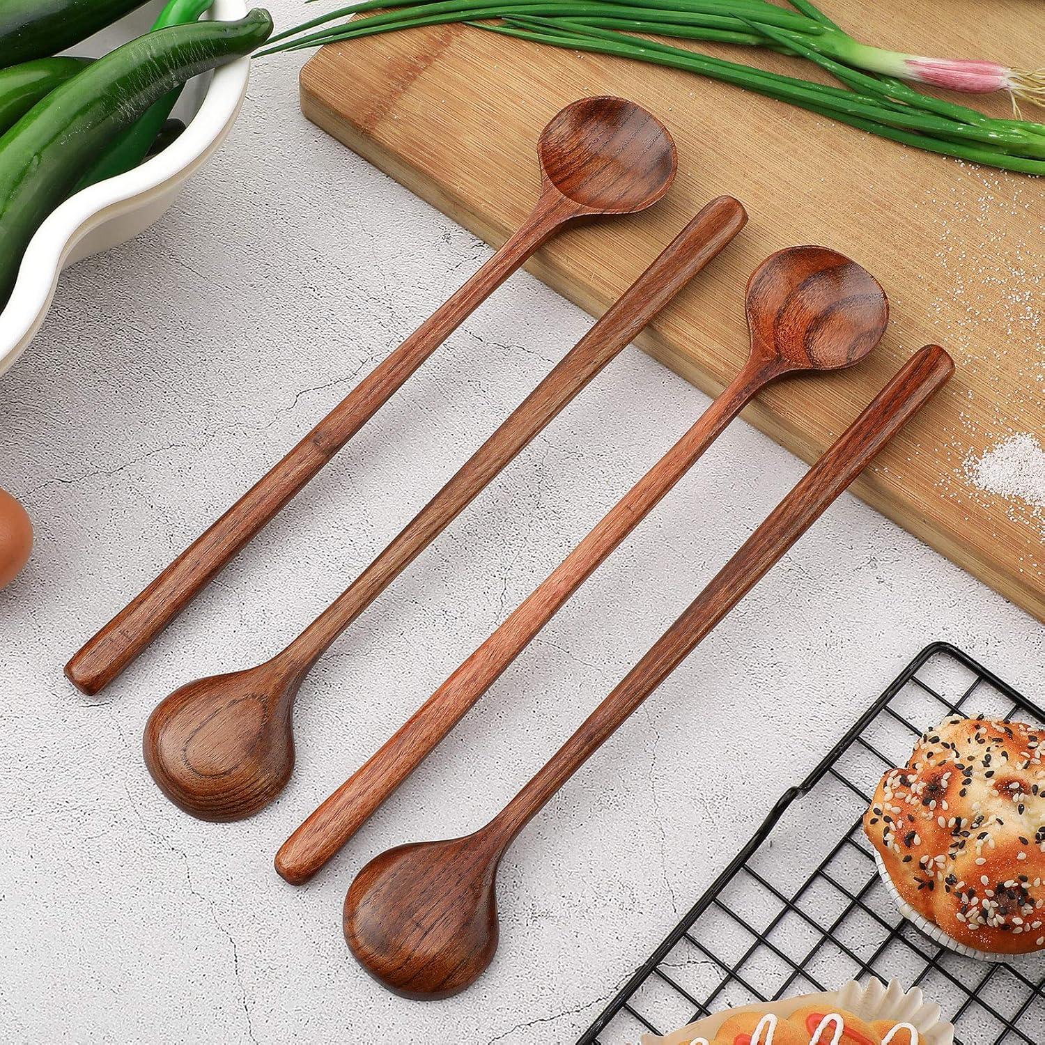 6 Pcs 11 Inch Wood Long Spoons Wooden Long Handle Round Scoops Korean Style Soup Spoons for Soup Cooking Mixing Stirring Kitchen Tools Utensils Brown