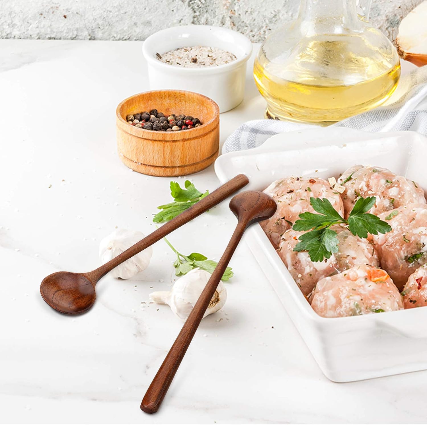 6 Pcs 11 Inch Wood Long Spoons Wooden Long Handle Round Scoops Korean Style Soup Spoons for Soup Cooking Mixing Stirring Kitchen Tools Utensils Brown