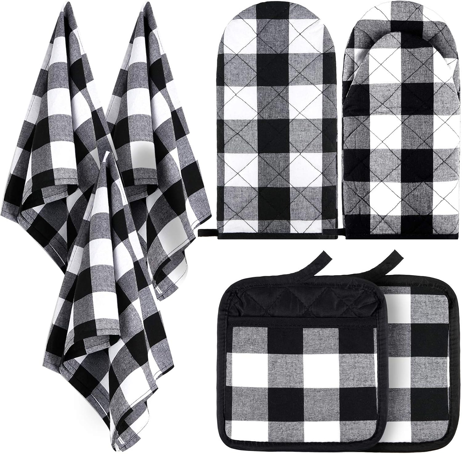 7 Pieces Buffalo Check Dish Towels Pot Holders Oven Mitts Set Cotton Plaid Kitchen Dish Towels Non-Slip Heat Resistant Oven Mitts and Pot Holders for Cooking Baking Grilling Supply Black with White