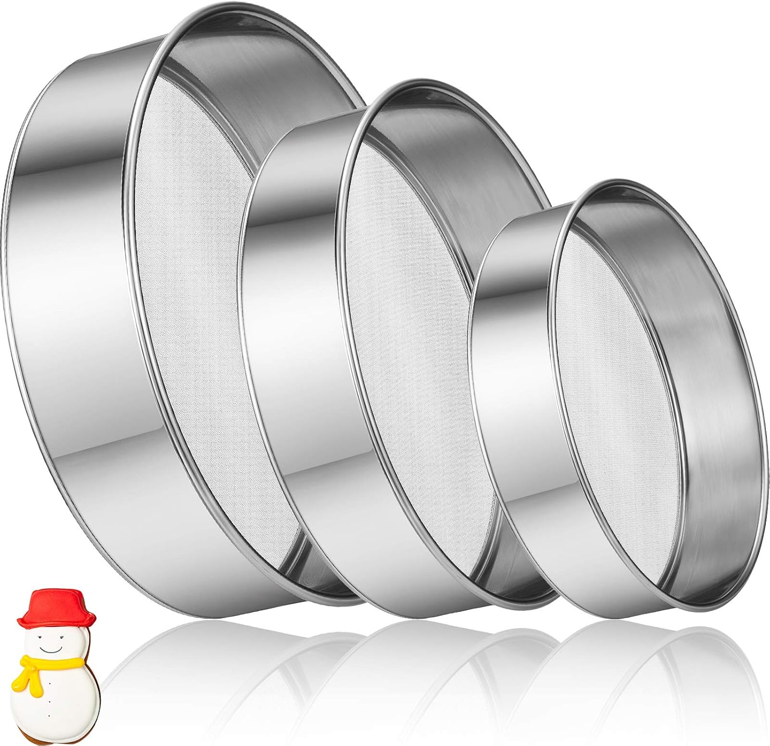 3 Pcs Stainless Steel Round Flour Sifter Sieve Fine Mesh for Bake Decorate Cakes, Pies, Pastries, Cupcakes 6 Inch and 8 Inch 60 Mesh,7 Inch 40 Mesh