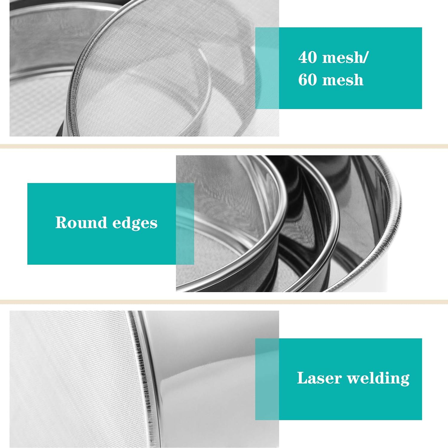 3 Pcs Stainless Steel Round Flour Sifter Sieve Fine Mesh for Bake Decorate Cakes, Pies, Pastries, Cupcakes 6 Inch and 8 Inch 60 Mesh,7 Inch 40 Mesh