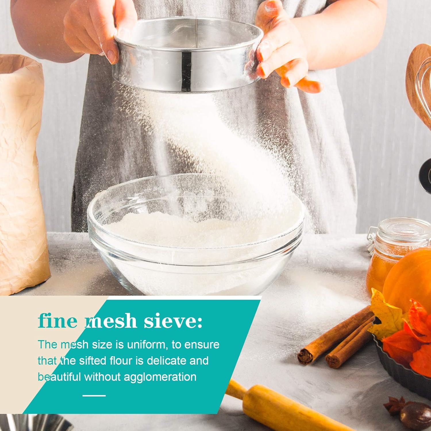 3 Pcs Stainless Steel Round Flour Sifter Sieve Fine Mesh for Bake Decorate Cakes, Pies, Pastries, Cupcakes 6 Inch and 8 Inch 60 Mesh,7 Inch 40 Mesh