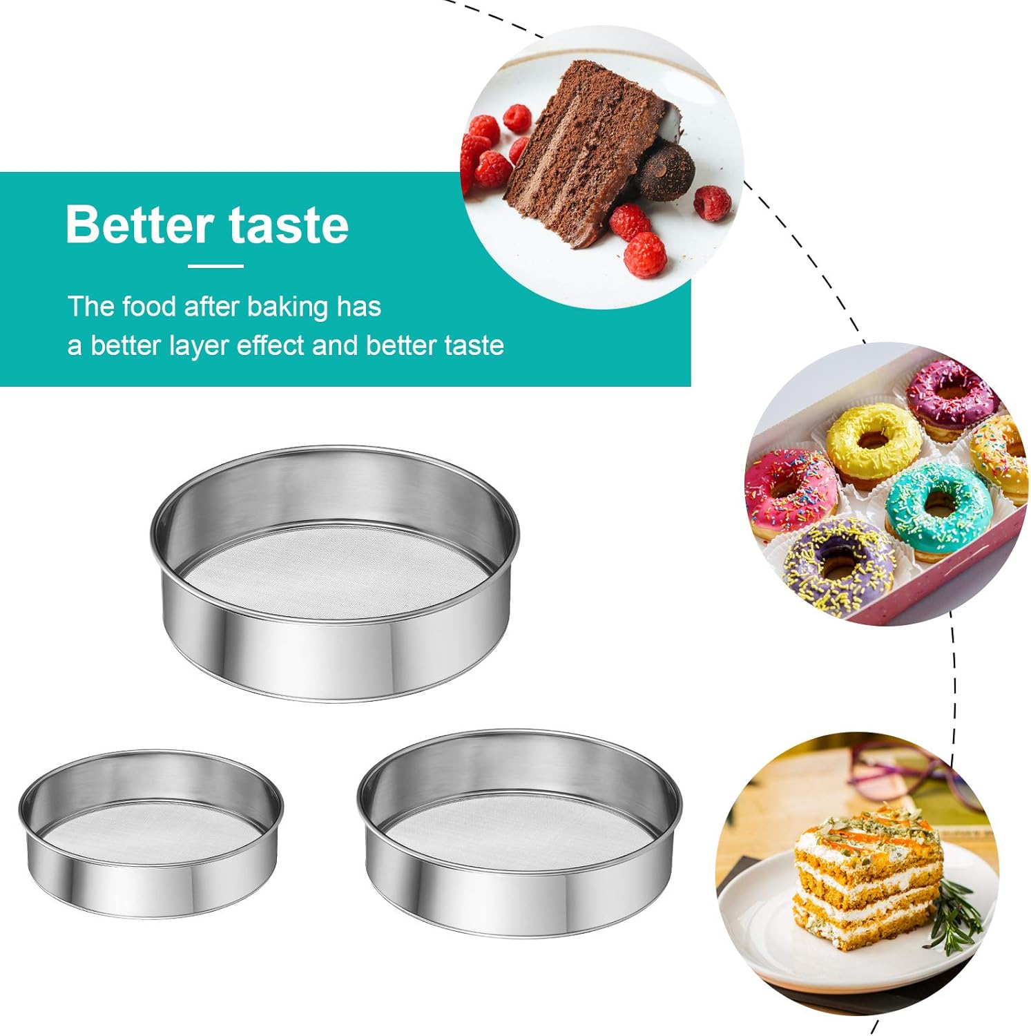 3 Pcs Stainless Steel Round Flour Sifter Sieve Fine Mesh for Bake Decorate Cakes, Pies, Pastries, Cupcakes 6 Inch and 8 Inch 60 Mesh,7 Inch 40 Mesh