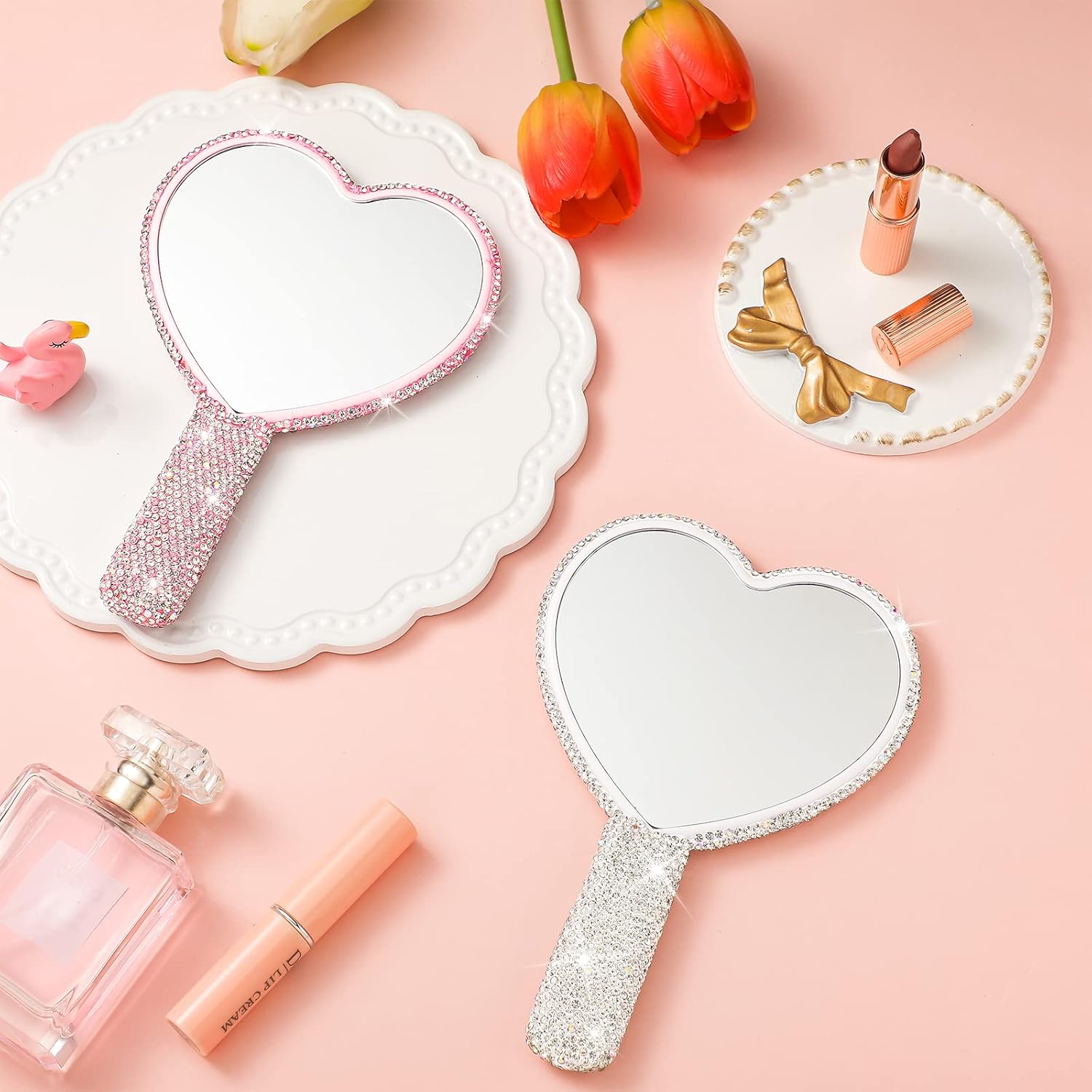 2 Pcs Large Rhinestone Handheld Mirror Heart Shaped Bling Glitter Portable Cosmetic Hand Mirror with Handle for Women Make up Brush Lash Pink and White