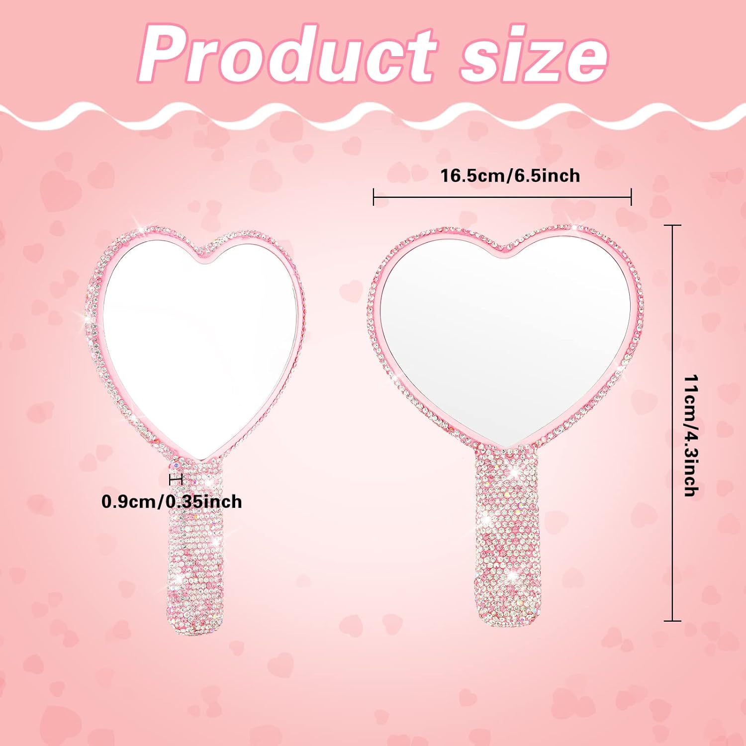 2 Pcs Large Rhinestone Handheld Mirror Heart Shaped Bling Glitter Portable Cosmetic Hand Mirror with Handle for Women Make up Brush Lash Pink and White