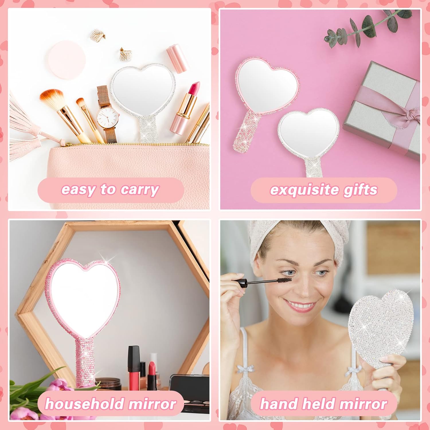 2 Pcs Large Rhinestone Handheld Mirror Heart Shaped Bling Glitter Portable Cosmetic Hand Mirror with Handle for Women Make up Brush Lash Pink and White