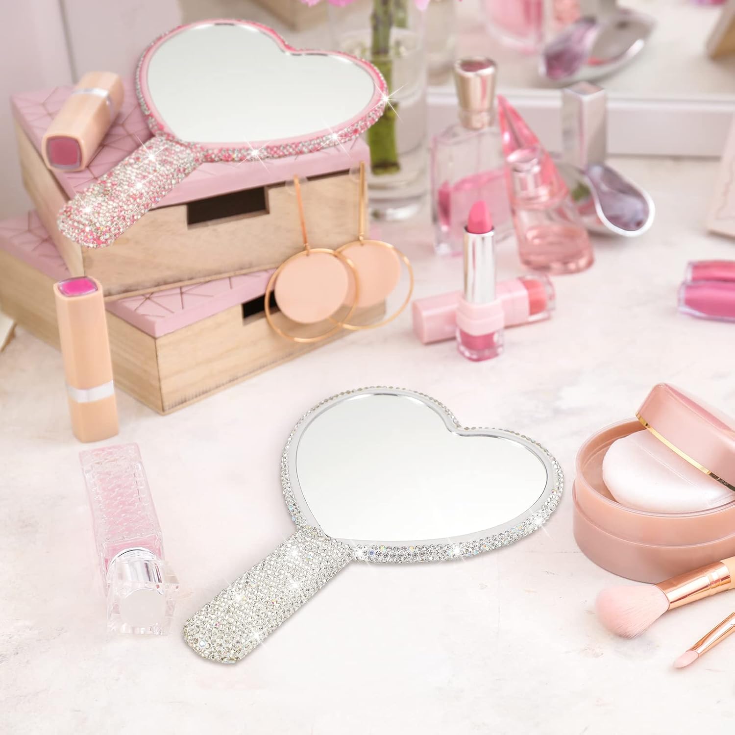 2 Pcs Large Rhinestone Handheld Mirror Heart Shaped Bling Glitter Portable Cosmetic Hand Mirror with Handle for Women Make up Brush Lash Pink and White