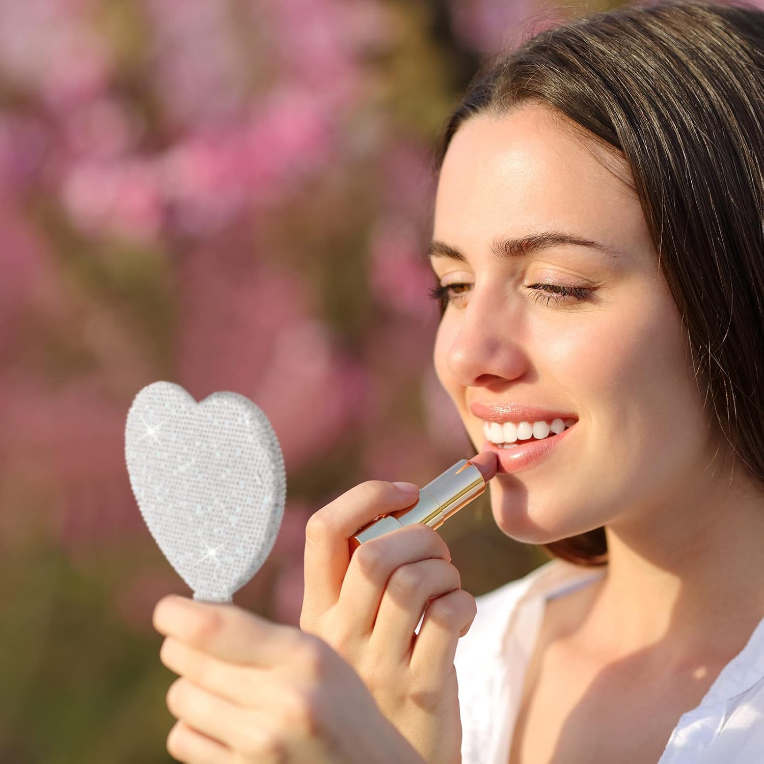 2 Pcs Large Rhinestone Handheld Mirror Heart Shaped Bling Glitter Portable Cosmetic Hand Mirror with Handle for Women Make up Brush Lash Pink and White