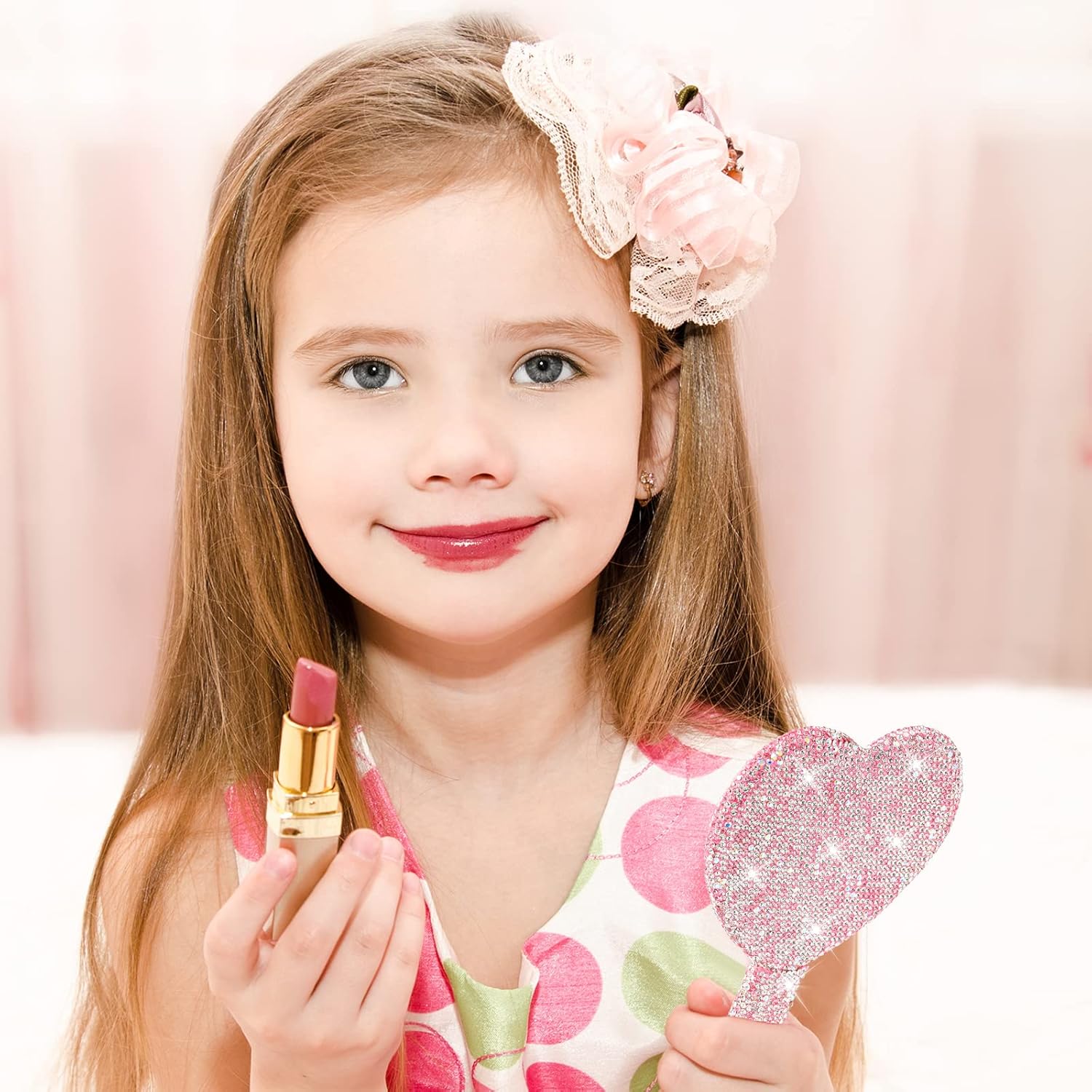 2 Pcs Large Rhinestone Handheld Mirror Heart Shaped Bling Glitter Portable Cosmetic Hand Mirror with Handle for Women Make up Brush Lash Pink and White