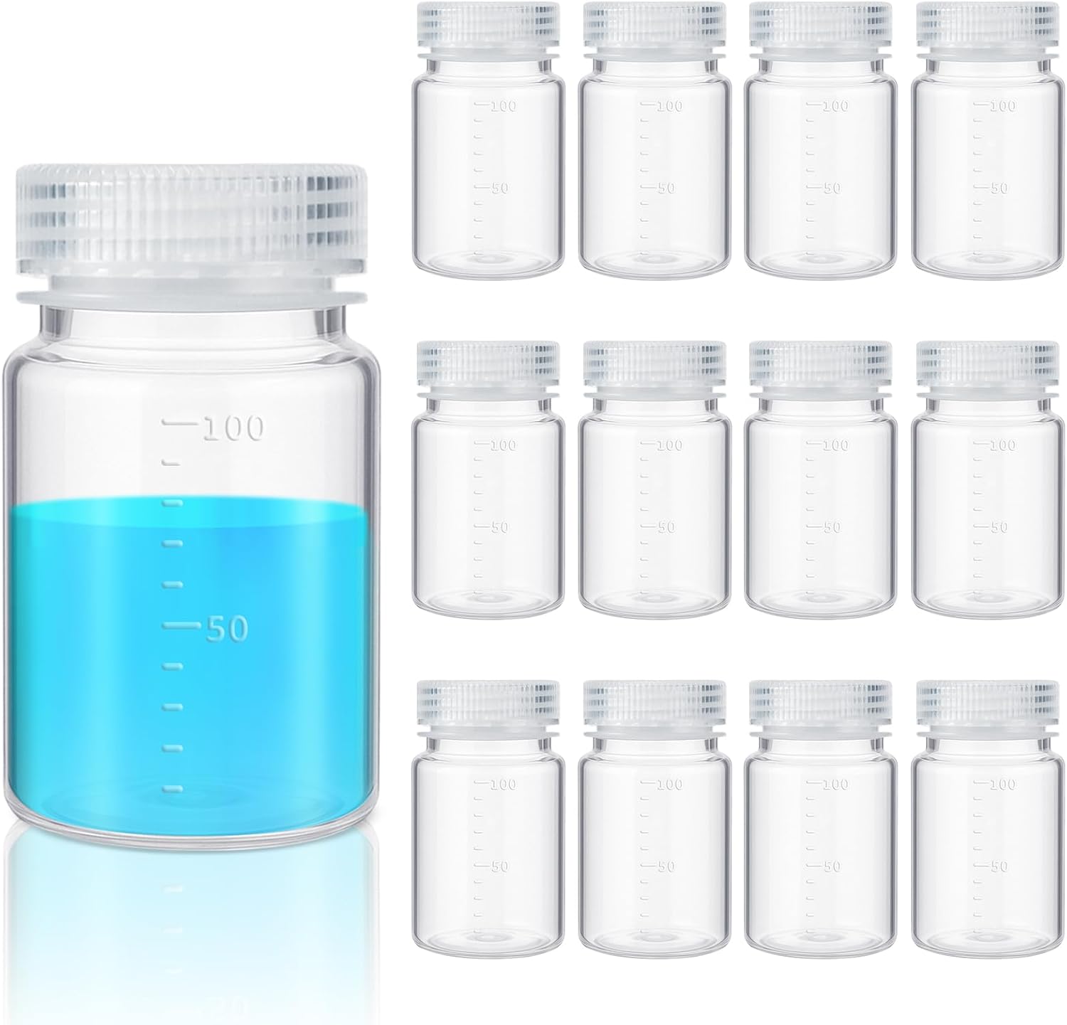 12 Pcs Plastic Sample Bottles with Screw Cap, Liquid Containers with Lid for Lab Reagent Sample Medicine Pill Water Storage, Travel Bottles Clear,3oz 100ml,Wide Mouth-white Scale