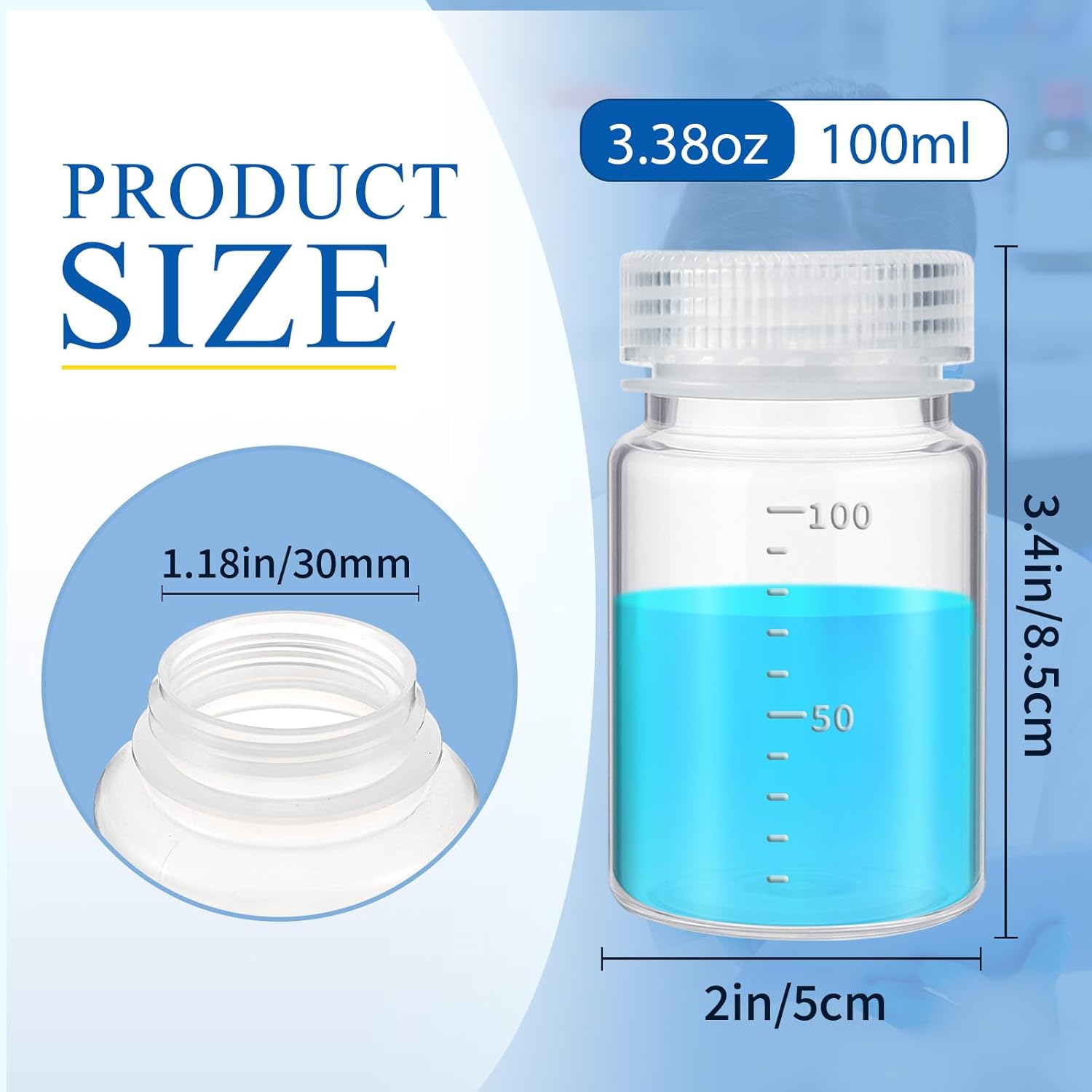 12 Pcs Plastic Sample Bottles with Screw Cap, Liquid Containers with Lid for Lab Reagent Sample Medicine Pill Water Storage, Travel Bottles Clear,3oz 100ml,Wide Mouth-white Scale