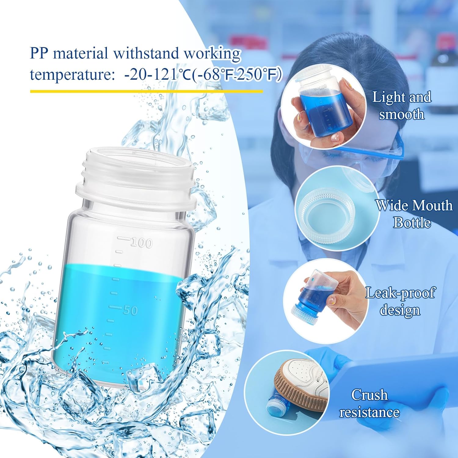12 Pcs Plastic Sample Bottles with Screw Cap, Liquid Containers with Lid for Lab Reagent Sample Medicine Pill Water Storage, Travel Bottles Clear,3oz 100ml,Wide Mouth-white Scale