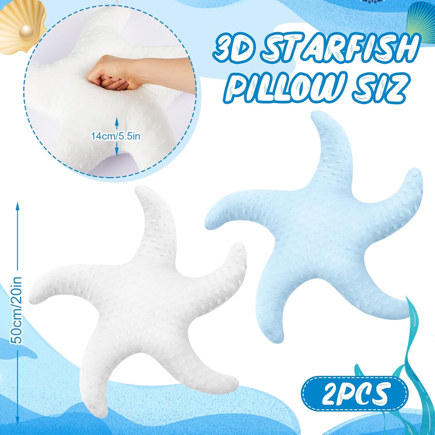 2 Pcs Starfish Pillow Cute Beach Pillow 20'' Star Fish Shaped Throw Pillows Plush Beach Room Decor Decorative Ocean Star Stuffed Animal Plush Cushion for Bedroom Living Room White,Blue