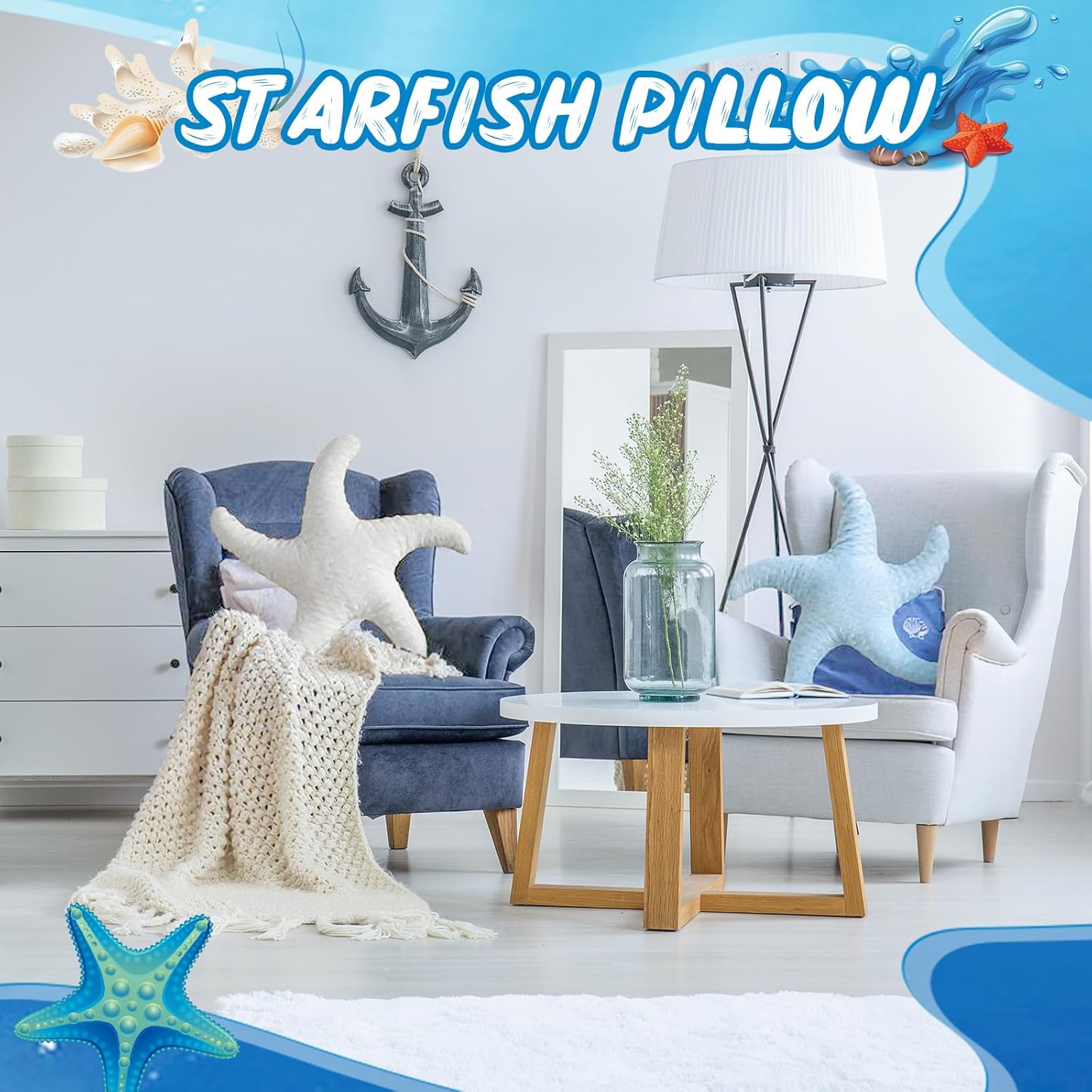 2 Pcs Starfish Pillow Cute Beach Pillow 20'' Star Fish Shaped Throw Pillows Plush Beach Room Decor Decorative Ocean Star Stuffed Animal Plush Cushion for Bedroom Living Room White,Blue