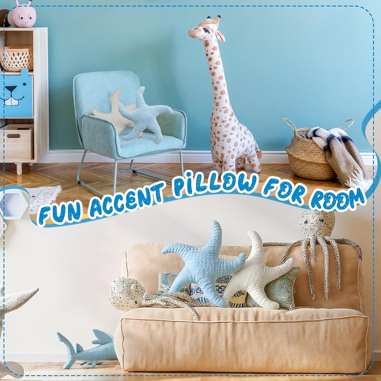 2 Pcs Starfish Pillow Cute Beach Pillow 20'' Star Fish Shaped Throw Pillows Plush Beach Room Decor Decorative Ocean Star Stuffed Animal Plush Cushion for Bedroom Living Room White,Blue