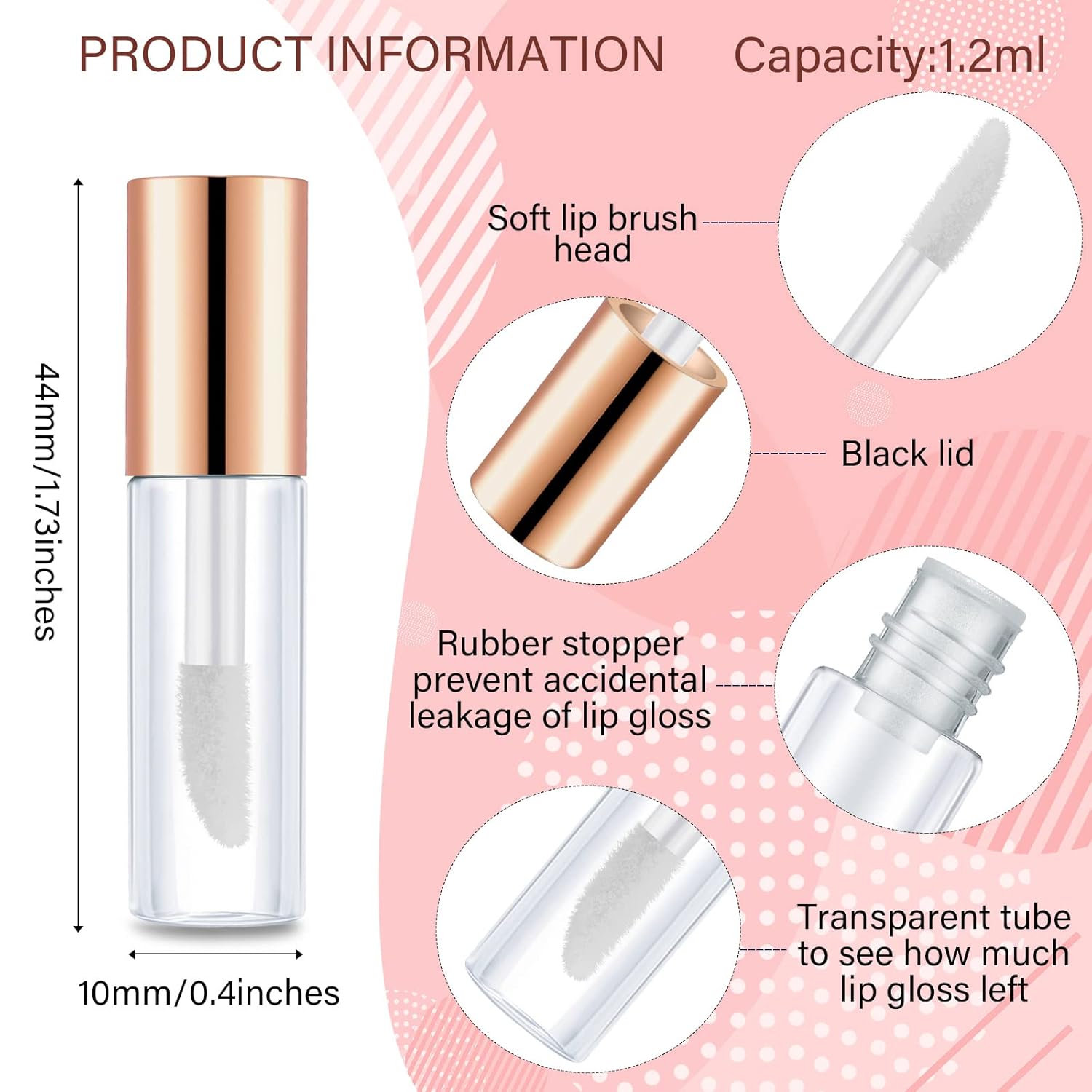 100 Pieces Clear Mini Lip Gloss Tube Refillable Empty Lip Balm Gloss Containers Bottles Transparent Mini Lipstick Containers for Women DIY Makeup Rose Gold,1.2ml