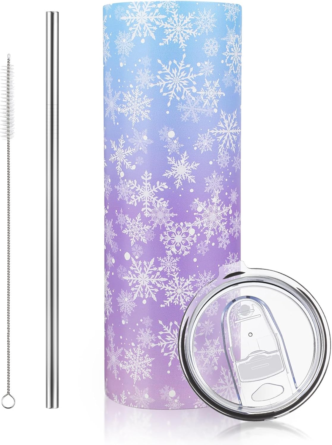 Winter Snowflake Tumbler with Lid Straw 20 oz Stainless Steel Tumbler Snowflake Insulated Skinny Travel Cup Coffee Mug with Straw Brush for Winter Holiday Birthday Party Gifts Blue
