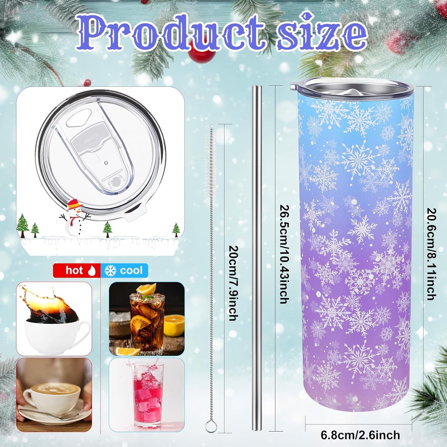 Winter Snowflake Tumbler with Lid Straw 20 oz Stainless Steel Tumbler Snowflake Insulated Skinny Travel Cup Coffee Mug with Straw Brush for Winter Holiday Birthday Party Gifts Blue