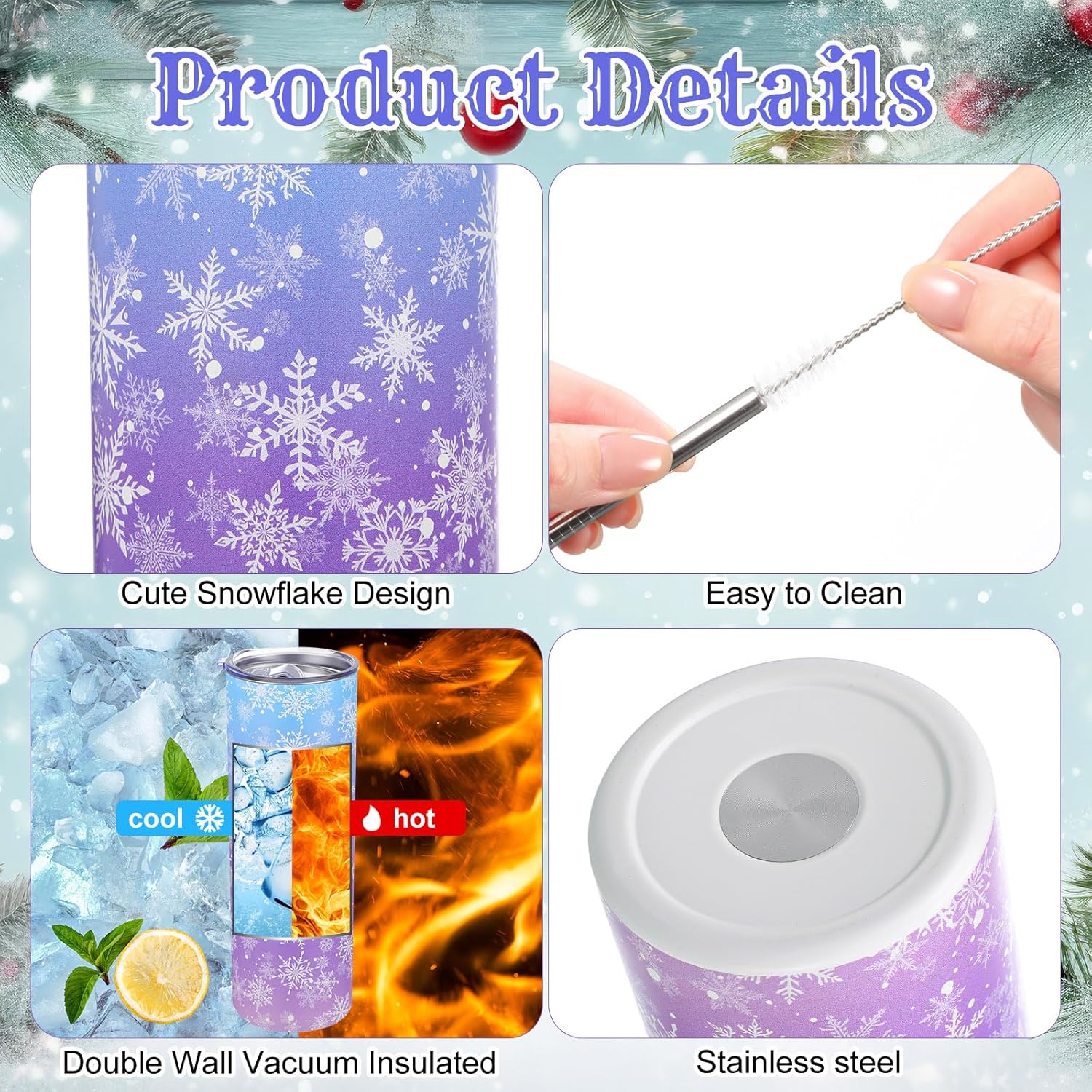 Winter Snowflake Tumbler with Lid Straw 20 oz Stainless Steel Tumbler Snowflake Insulated Skinny Travel Cup Coffee Mug with Straw Brush for Winter Holiday Birthday Party Gifts Blue