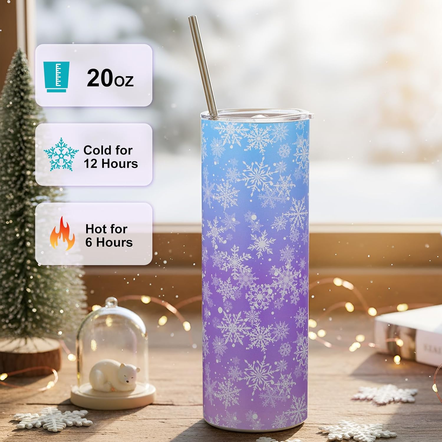 Winter Snowflake Tumbler with Lid Straw 20 oz Stainless Steel Tumbler Snowflake Insulated Skinny Travel Cup Coffee Mug with Straw Brush for Winter Holiday Birthday Party Gifts Blue
