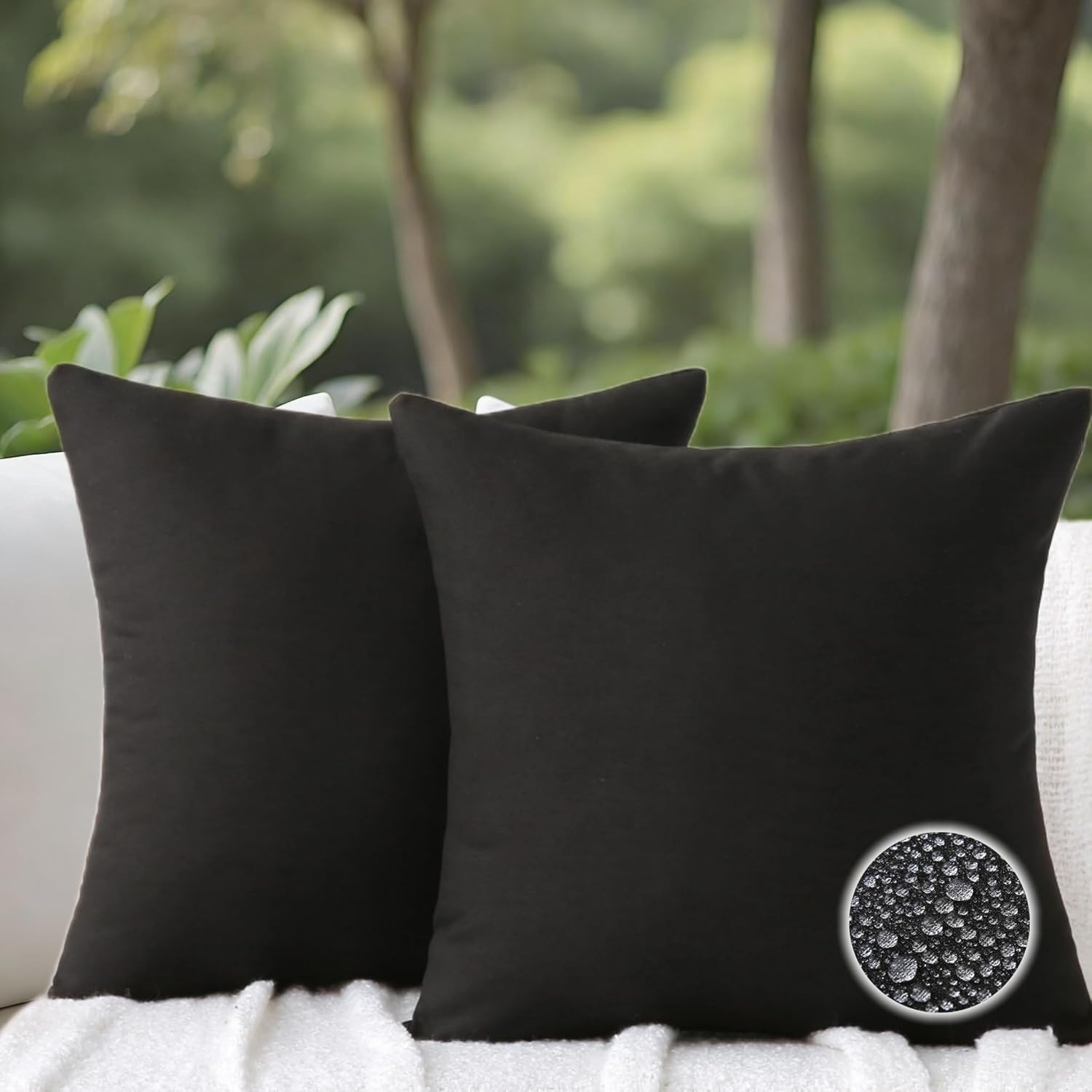 18" x 18" Throw Pillows, Outdoor Waterproof Pillows with Inserts, Square Decorative Pillows for Patio Furniture Garden Couch Sofa Home Black, Set of 2