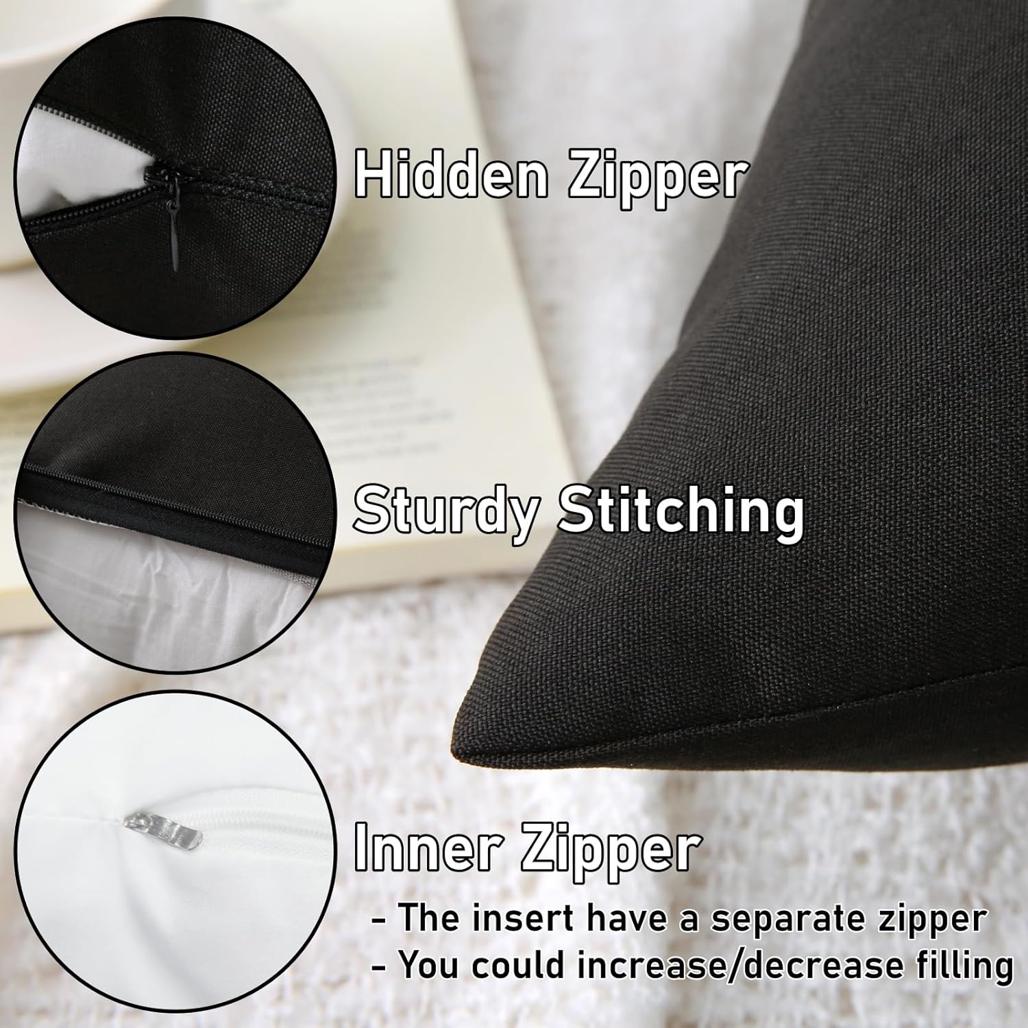 18" x 18" Throw Pillows, Outdoor Waterproof Pillows with Inserts, Square Decorative Pillows for Patio Furniture Garden Couch Sofa Home Black, Set of 2