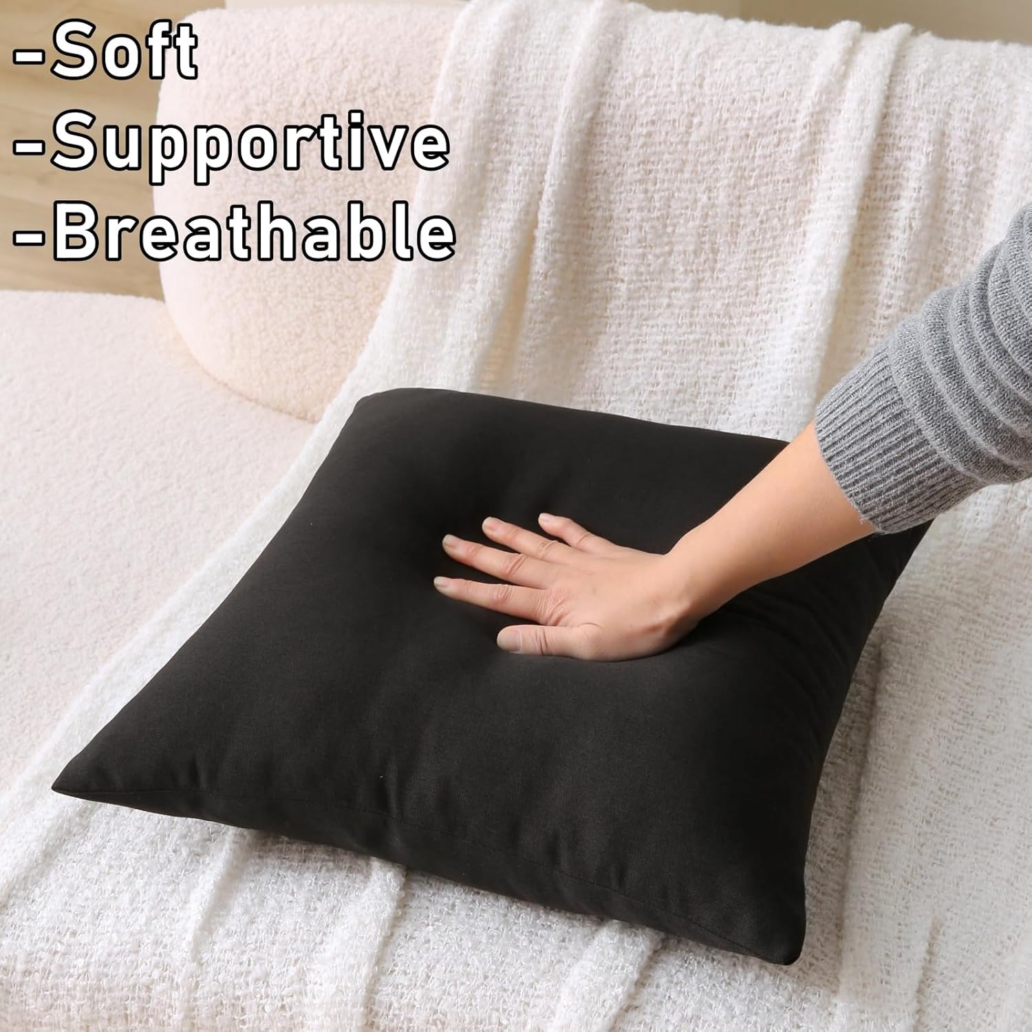 18" x 18" Throw Pillows, Outdoor Waterproof Pillows with Inserts, Square Decorative Pillows for Patio Furniture Garden Couch Sofa Home Black, Set of 2