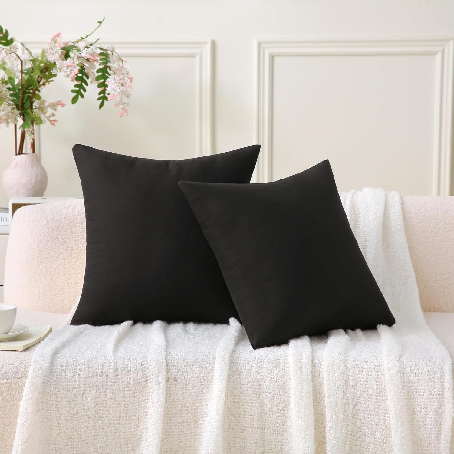 18" x 18" Throw Pillows, Outdoor Waterproof Pillows with Inserts, Square Decorative Pillows for Patio Furniture Garden Couch Sofa Home Black, Set of 2