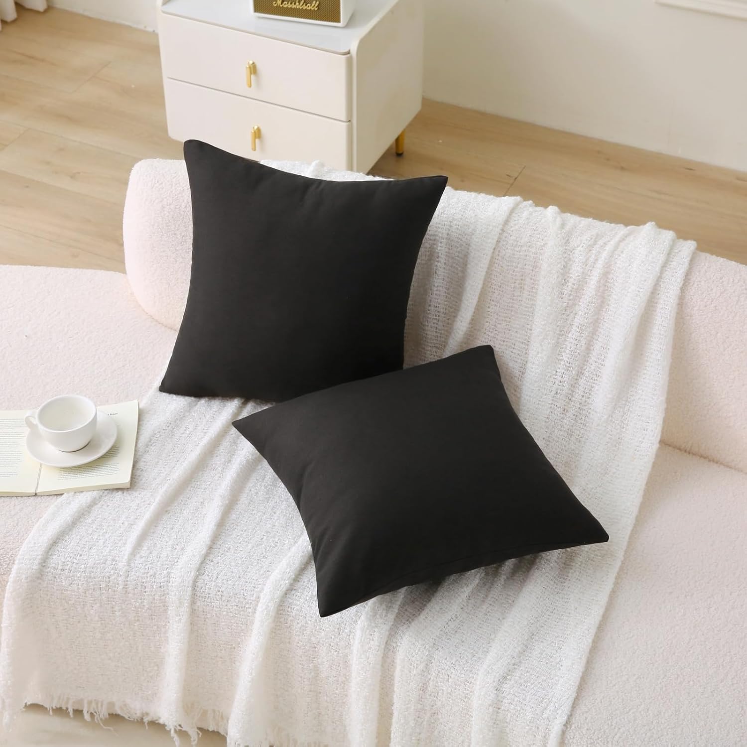 18" x 18" Throw Pillows, Outdoor Waterproof Pillows with Inserts, Square Decorative Pillows for Patio Furniture Garden Couch Sofa Home Black, Set of 2