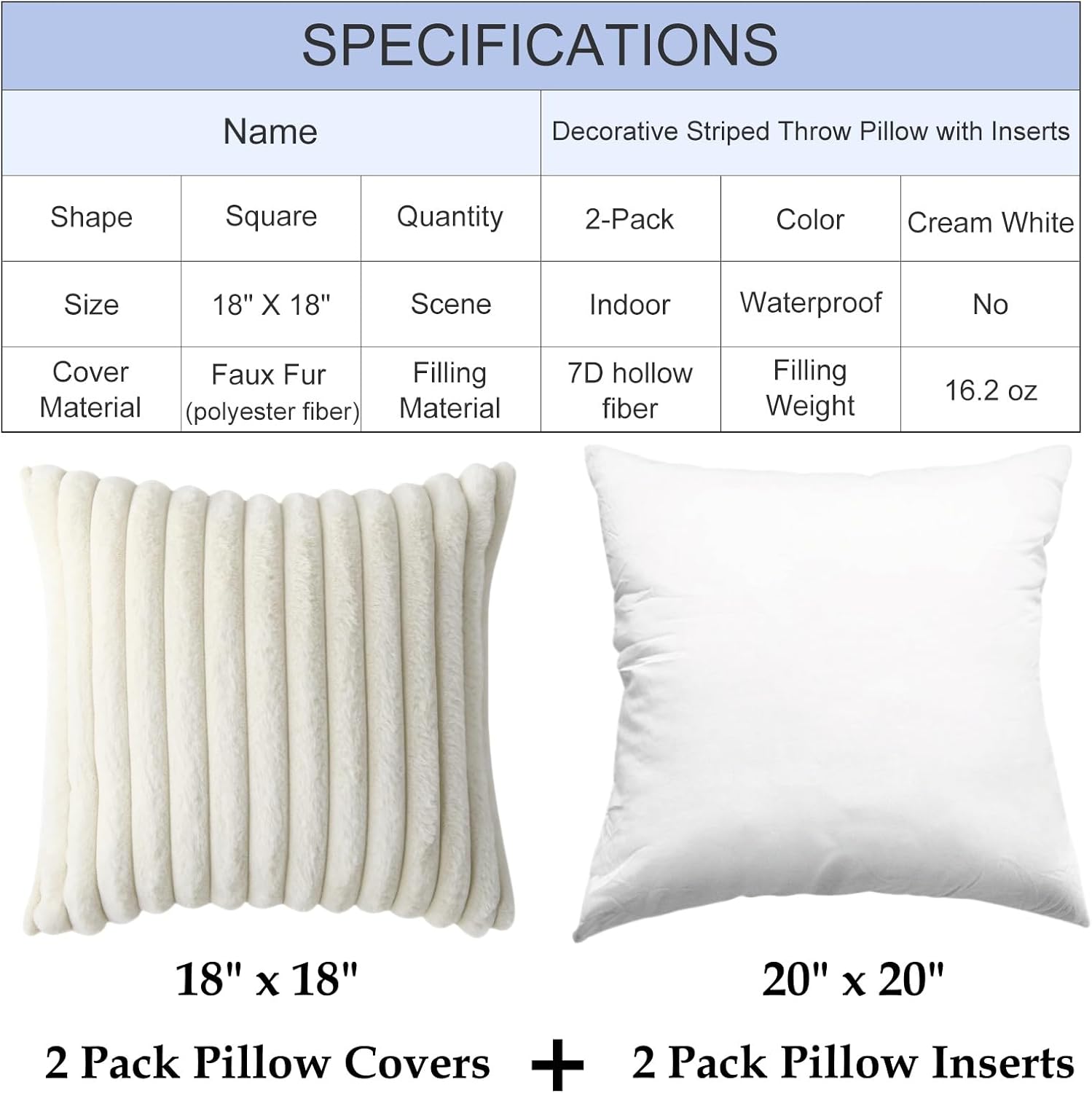 Decorative Throw Pillow with Inserts, Set of 2 Soft Faux Fur Throw Pillows, Square Boho Striped Pillow for Couch, Bed, Sofa Decor Beige, 18" x 18"