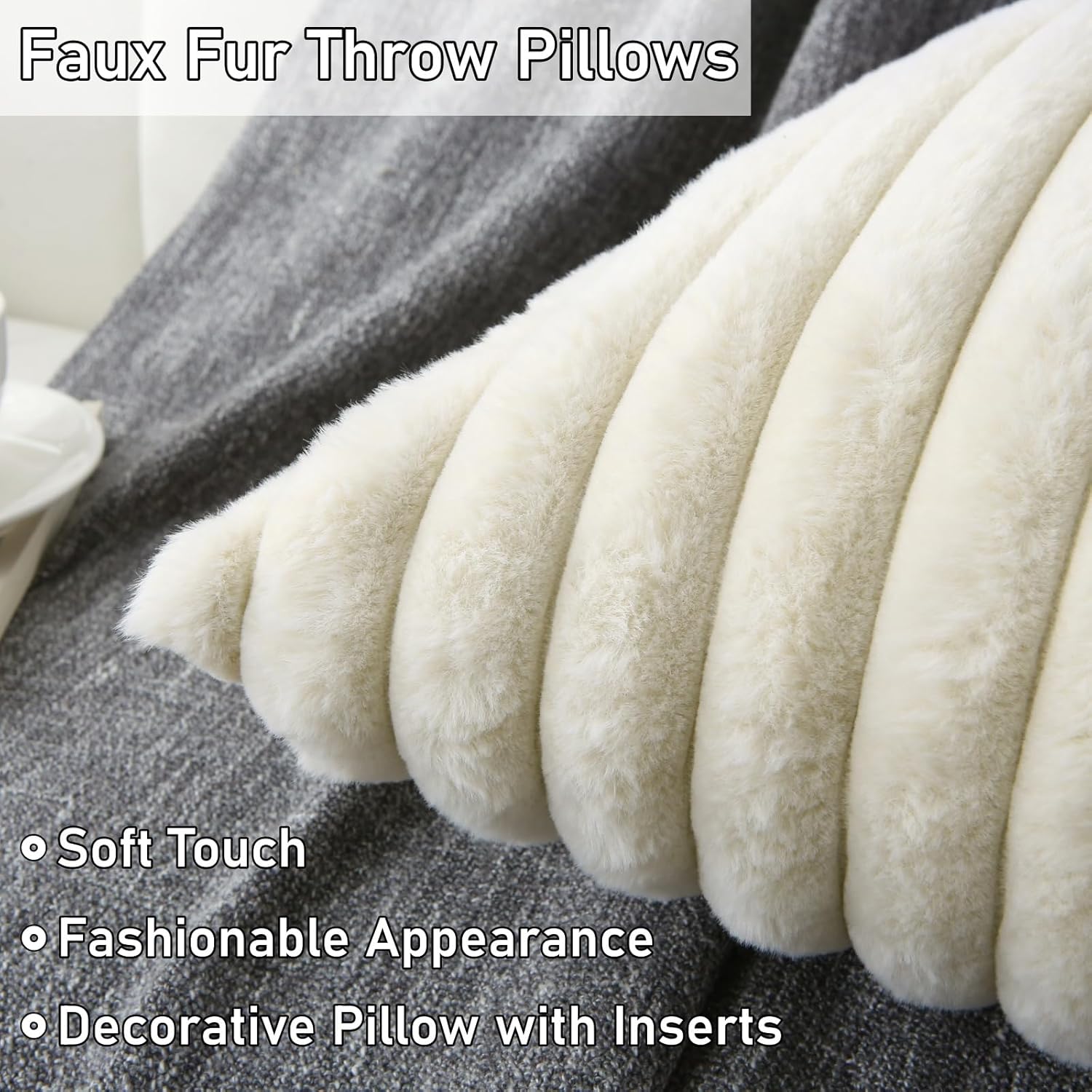Decorative Throw Pillow with Inserts, Set of 2 Soft Faux Fur Throw Pillows, Square Boho Striped Pillow for Couch, Bed, Sofa Decor Beige, 18" x 18"