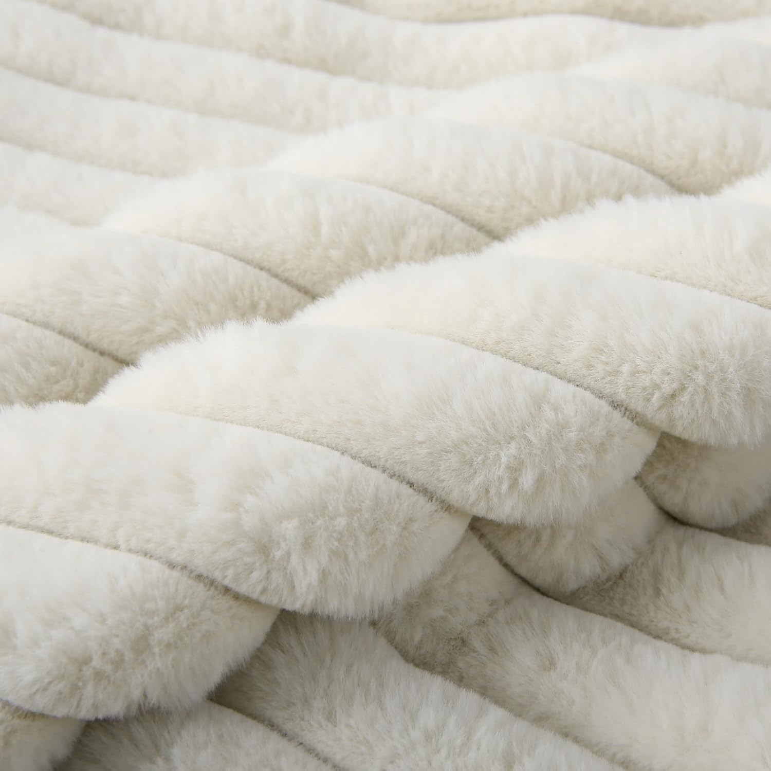 Decorative Throw Pillow with Inserts, Set of 2 Soft Faux Fur Throw Pillows, Square Boho Striped Pillow for Couch, Bed, Sofa Decor Beige, 18" x 18"