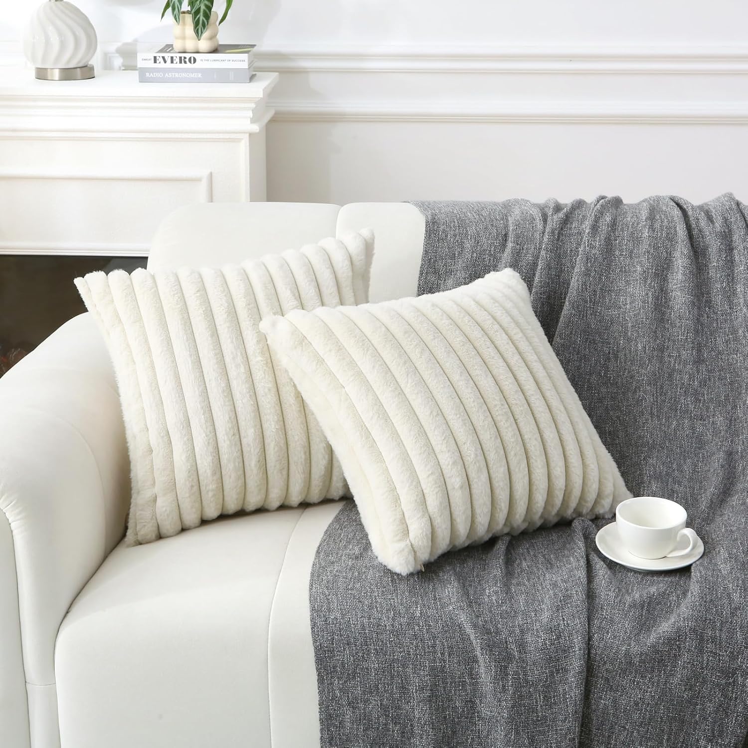 Decorative Throw Pillow with Inserts, Set of 2 Soft Faux Fur Throw Pillows, Square Boho Striped Pillow for Couch, Bed, Sofa Decor Beige, 18" x 18"