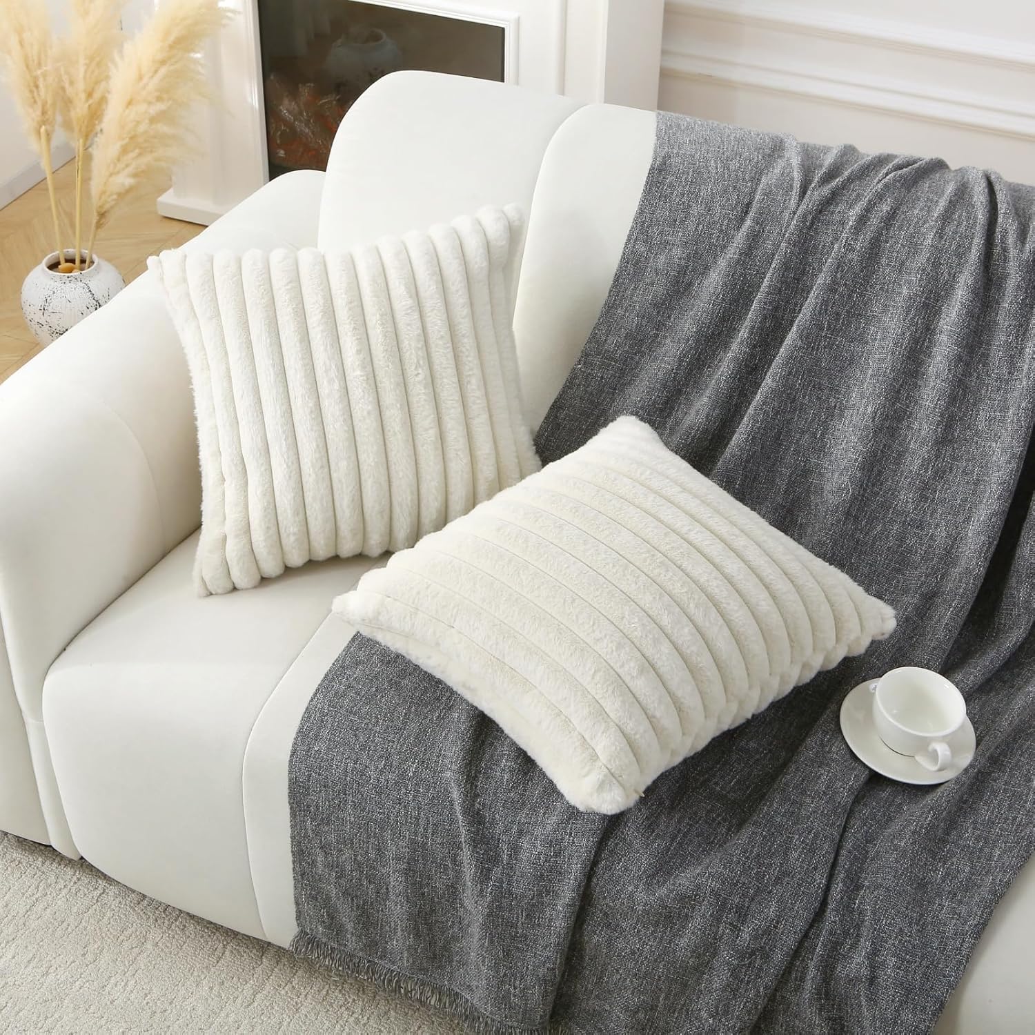 Decorative Throw Pillow with Inserts, Set of 2 Soft Faux Fur Throw Pillows, Square Boho Striped Pillow for Couch, Bed, Sofa Decor Beige, 18" x 18"