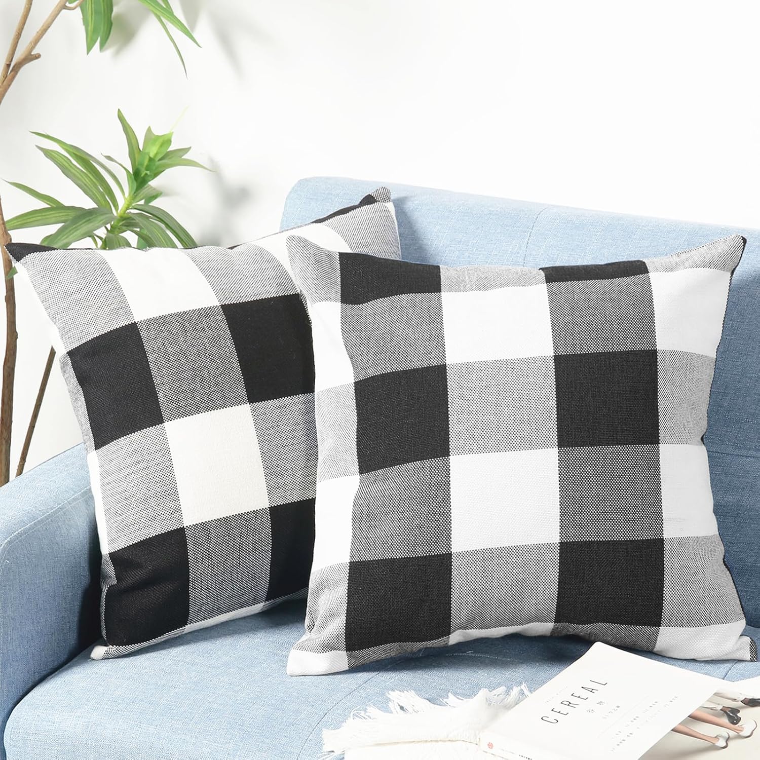 Rustic Buffalo Plaid Pillows with Inserts Set of 2, Retro Cotton Linen Decorative Throw Pillows for Front Porch Patio Decor, Classic Home Decor for Sofa Bed Couch Black White, 16" x 16"