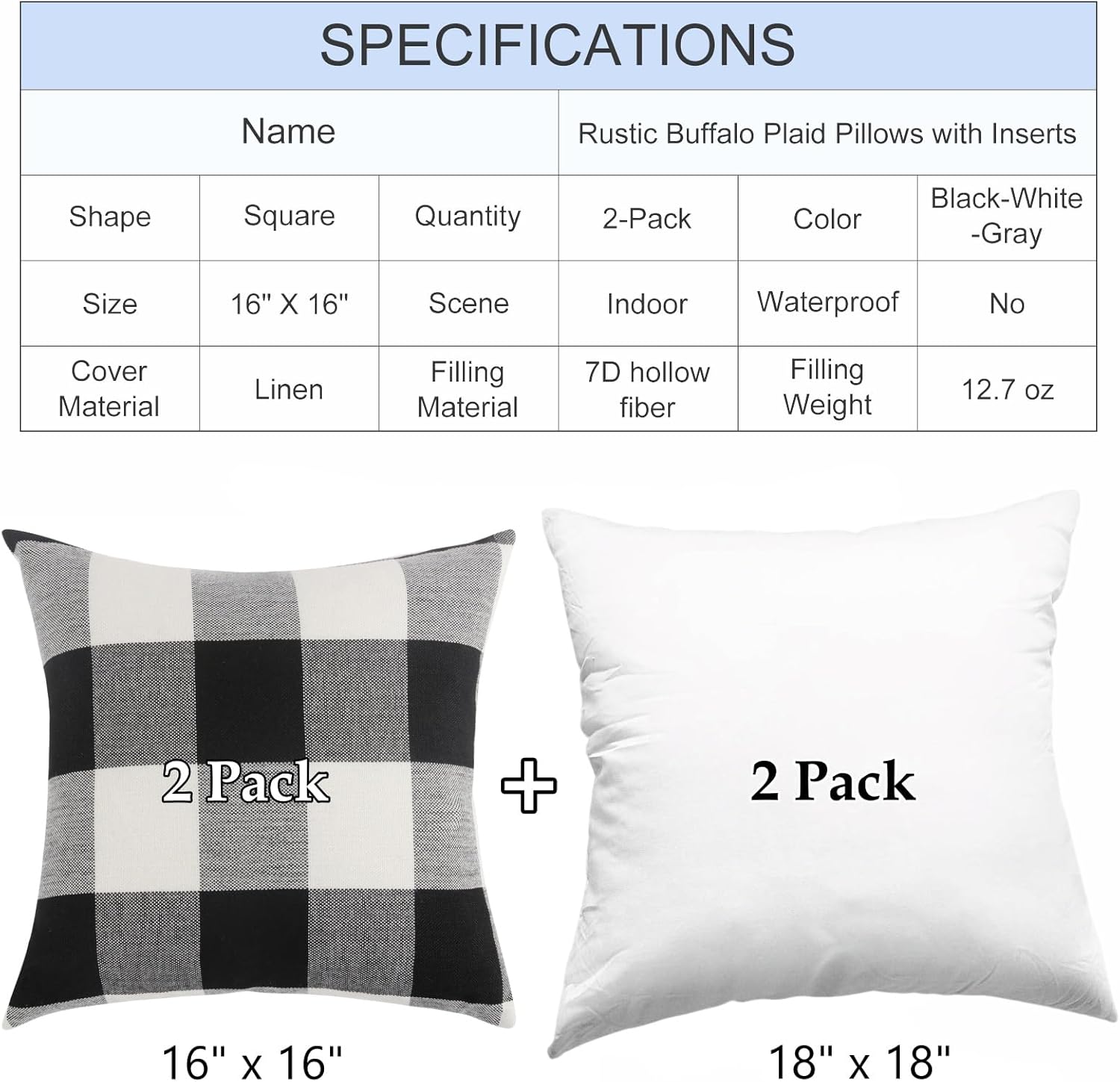Rustic Buffalo Plaid Pillows with Inserts Set of 2, Retro Cotton Linen Decorative Throw Pillows for Front Porch Patio Decor, Classic Home Decor for Sofa Bed Couch Black White, 16" x 16"
