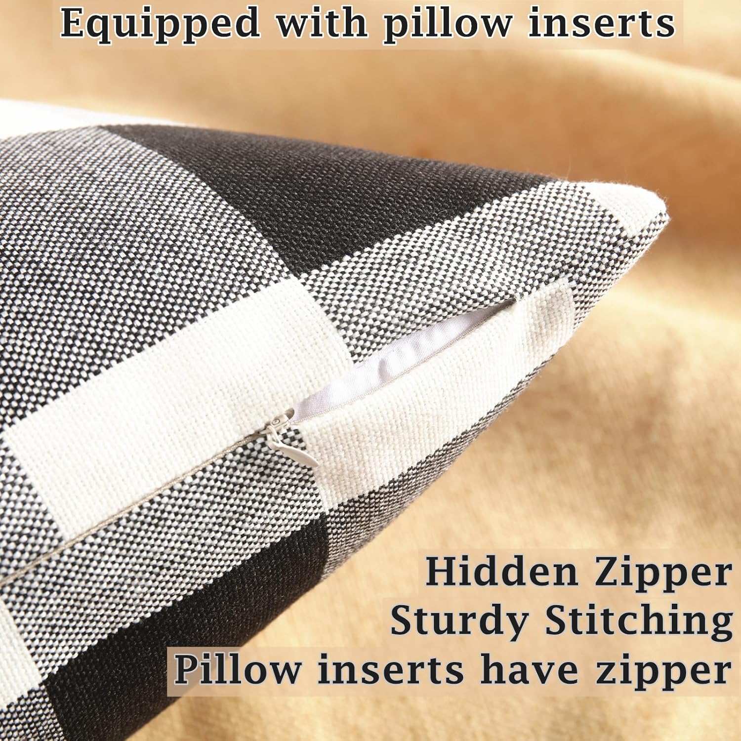 Rustic Buffalo Plaid Pillows with Inserts Set of 2, Retro Cotton Linen Decorative Throw Pillows for Front Porch Patio Decor, Classic Home Decor for Sofa Bed Couch Black White, 16" x 16"