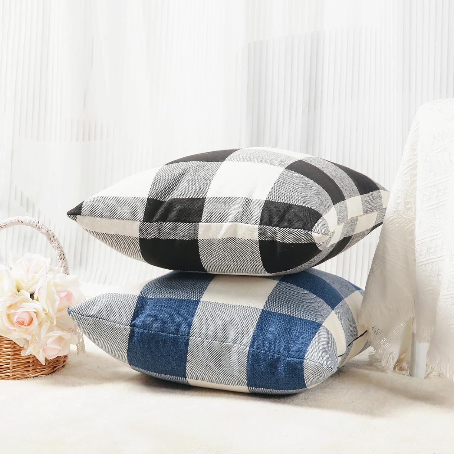 Rustic Buffalo Plaid Pillows with Inserts Set of 2, Retro Cotton Linen Decorative Throw Pillows for Front Porch Patio Decor, Classic Home Decor for Sofa Bed Couch Black White, 16" x 16"