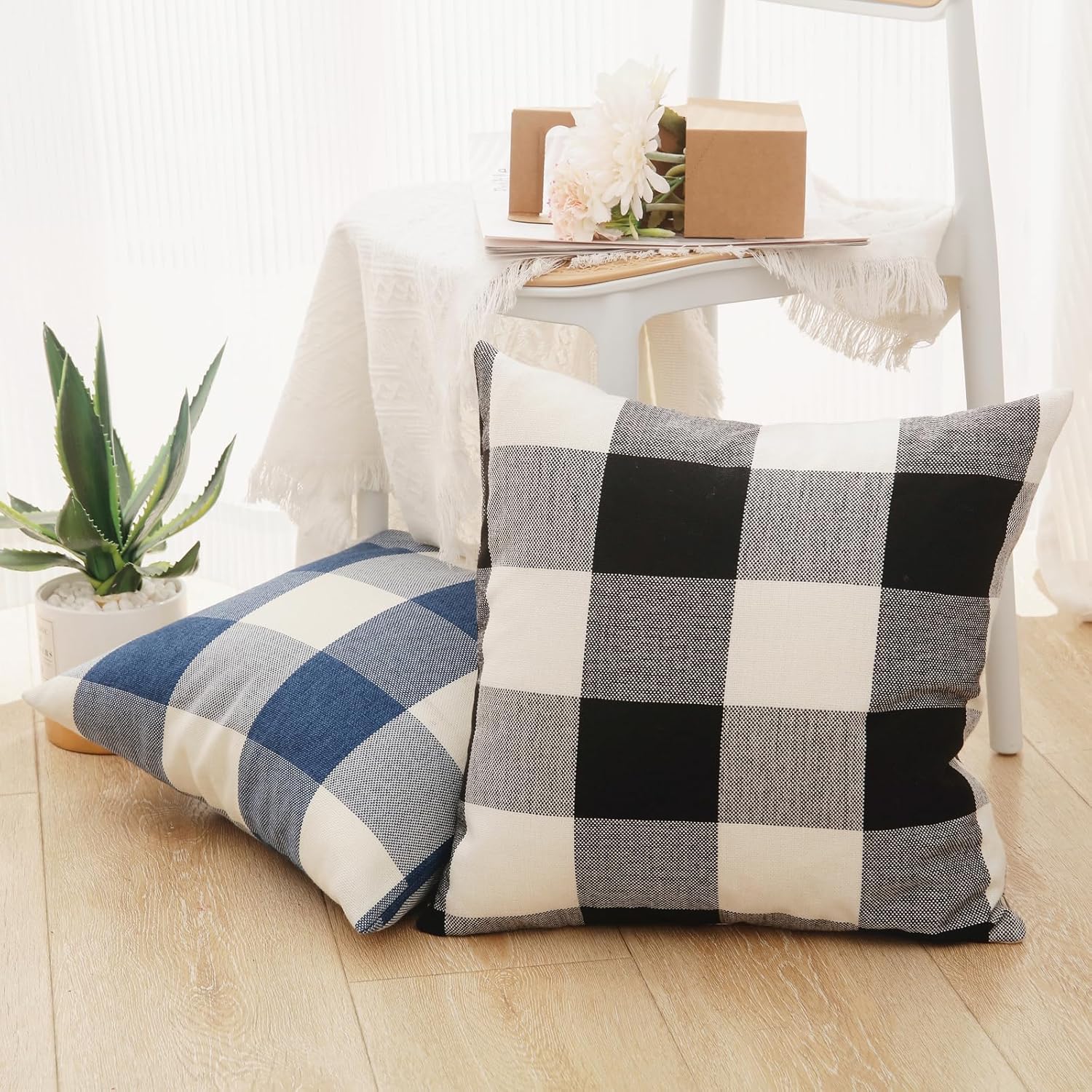 Rustic Buffalo Plaid Pillows with Inserts Set of 2, Retro Cotton Linen Decorative Throw Pillows for Front Porch Patio Decor, Classic Home Decor for Sofa Bed Couch Black White, 16" x 16"