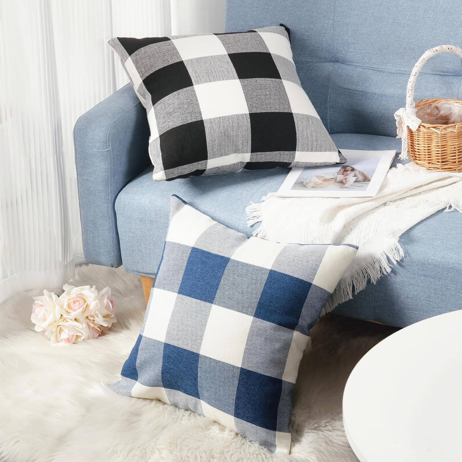 Rustic Buffalo Plaid Pillows with Inserts Set of 2, Retro Cotton Linen Decorative Throw Pillows for Front Porch Patio Decor, Classic Home Decor for Sofa Bed Couch Black White, 16" x 16"