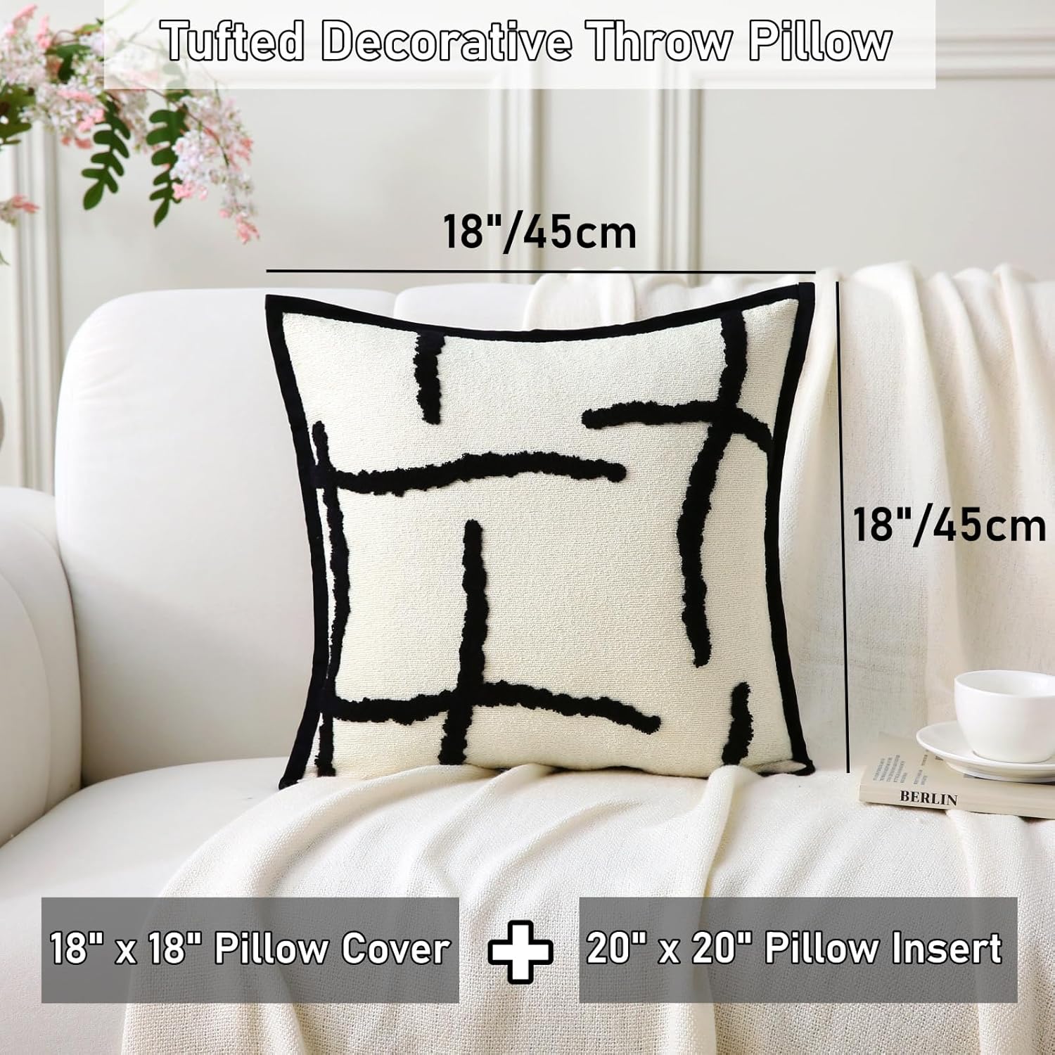 Boho Decorative Throw Pillows with Inserts, 18" x 18" Soft Tufted Modern Chenille Pillow, Pillows for Home, Patio, Couch, Bedroom, Living Room Black Lines - Cream White Background