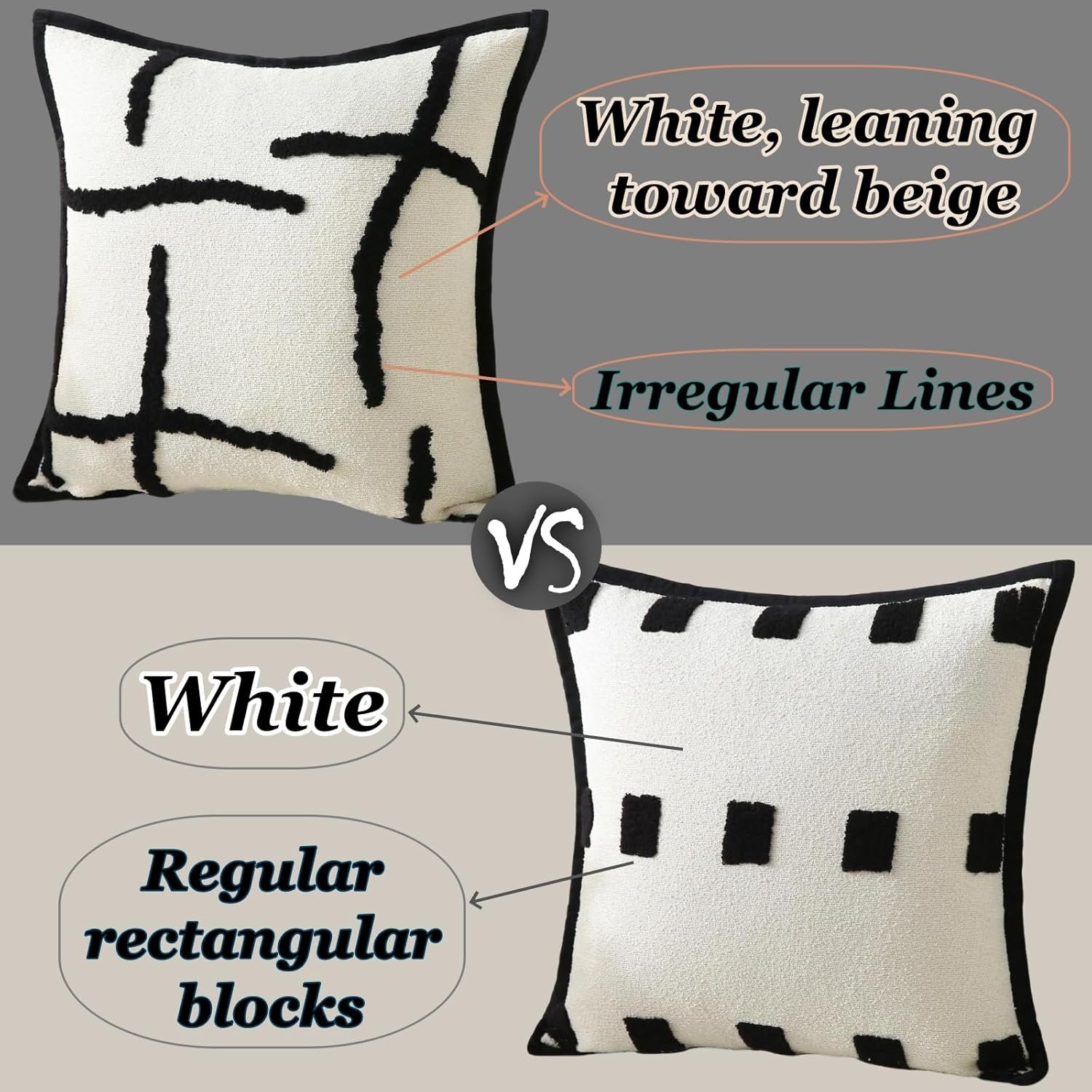 Boho Decorative Throw Pillows with Inserts, 18" x 18" Soft Tufted Modern Chenille Pillow, Pillows for Home, Patio, Couch, Bedroom, Living Room Black Lines - Cream White Background