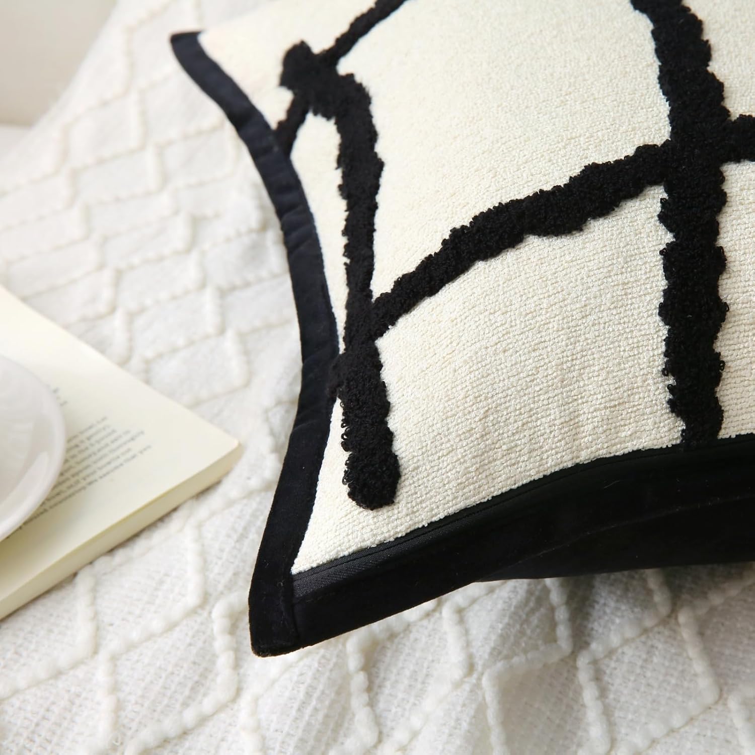 Boho Decorative Throw Pillows with Inserts, 18" x 18" Soft Tufted Modern Chenille Pillow, Pillows for Home, Patio, Couch, Bedroom, Living Room Black Lines - Cream White Background