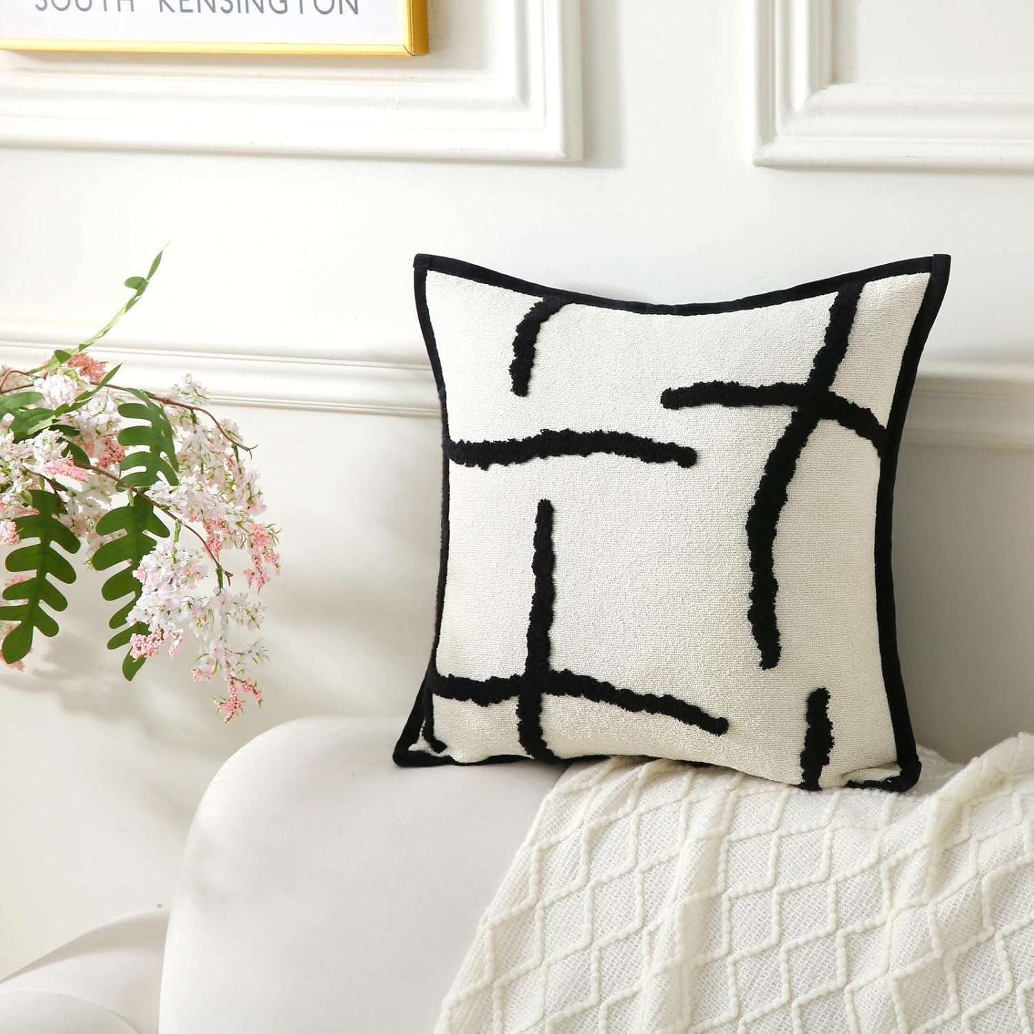 Boho Decorative Throw Pillows with Inserts, 18" x 18" Soft Tufted Modern Chenille Pillow, Pillows for Home, Patio, Couch, Bedroom, Living Room Black Lines - Cream White Background