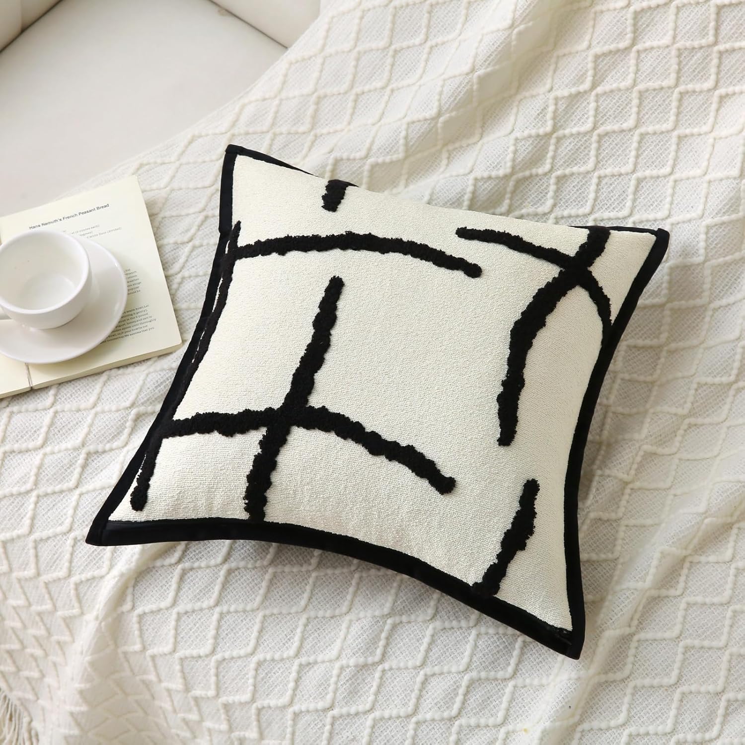 Boho Decorative Throw Pillows with Inserts, 18" x 18" Soft Tufted Modern Chenille Pillow, Pillows for Home, Patio, Couch, Bedroom, Living Room Black Lines - Cream White Background