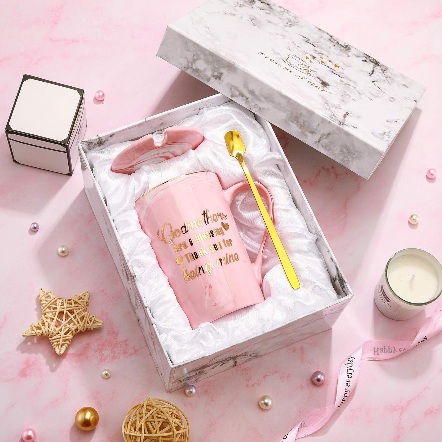 Godmothers Marble Coffee Mug, Godmother Gifts From Godchild, Godmother's Gift for Birthday Mother's Day Christmas, Godmother Proposal Gifts Marble Mug with Spoon Lid and Gift Box, 14 Oz