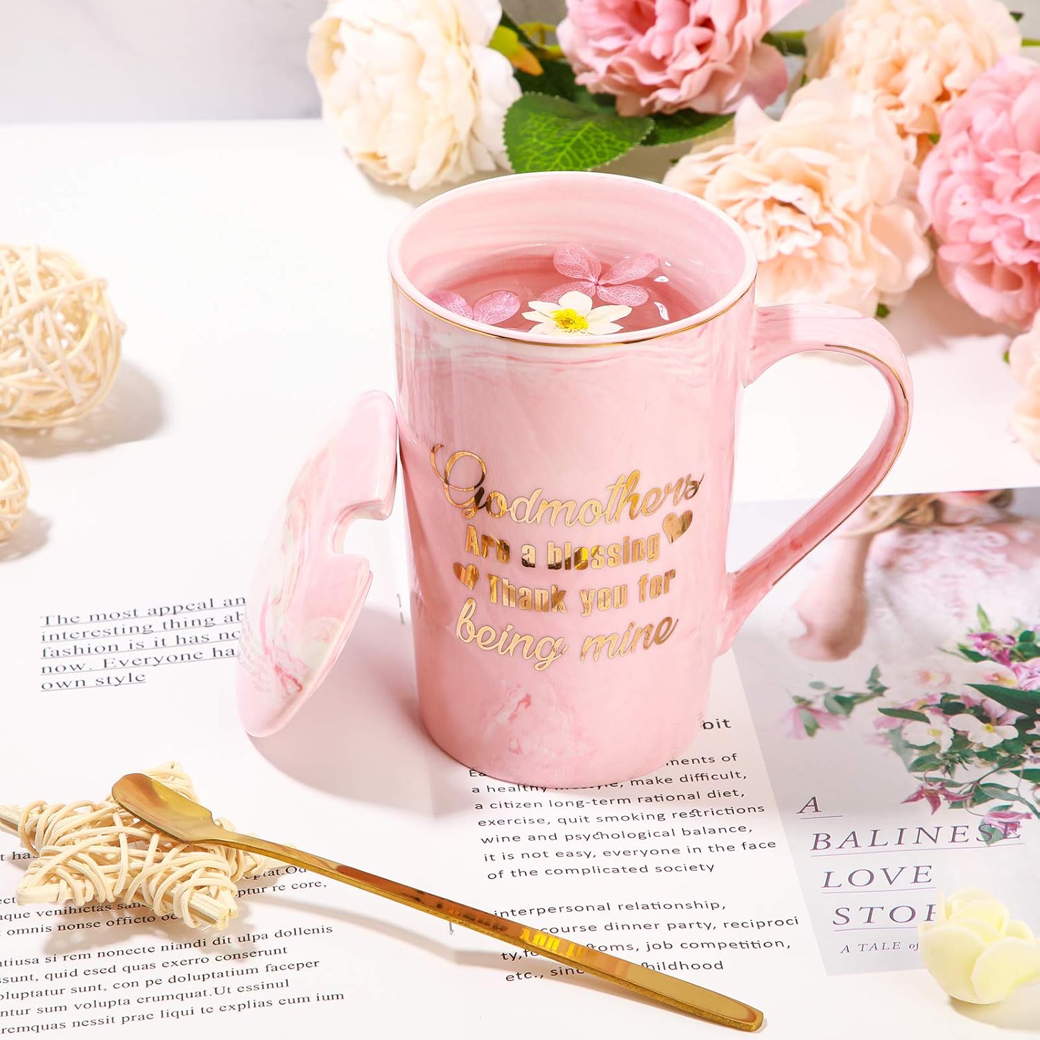 Godmothers Marble Coffee Mug, Godmother Gifts From Godchild, Godmother's Gift for Birthday Mother's Day Christmas, Godmother Proposal Gifts Marble Mug with Spoon Lid and Gift Box, 14 Oz